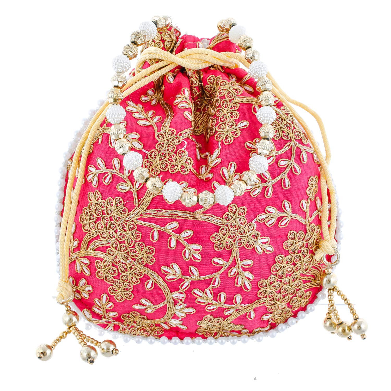 Kuber Industries Embroidery Drawstring Potli|Hand Purse With Gold Pearl Border & Handle For Woman,Girls (Pink)
