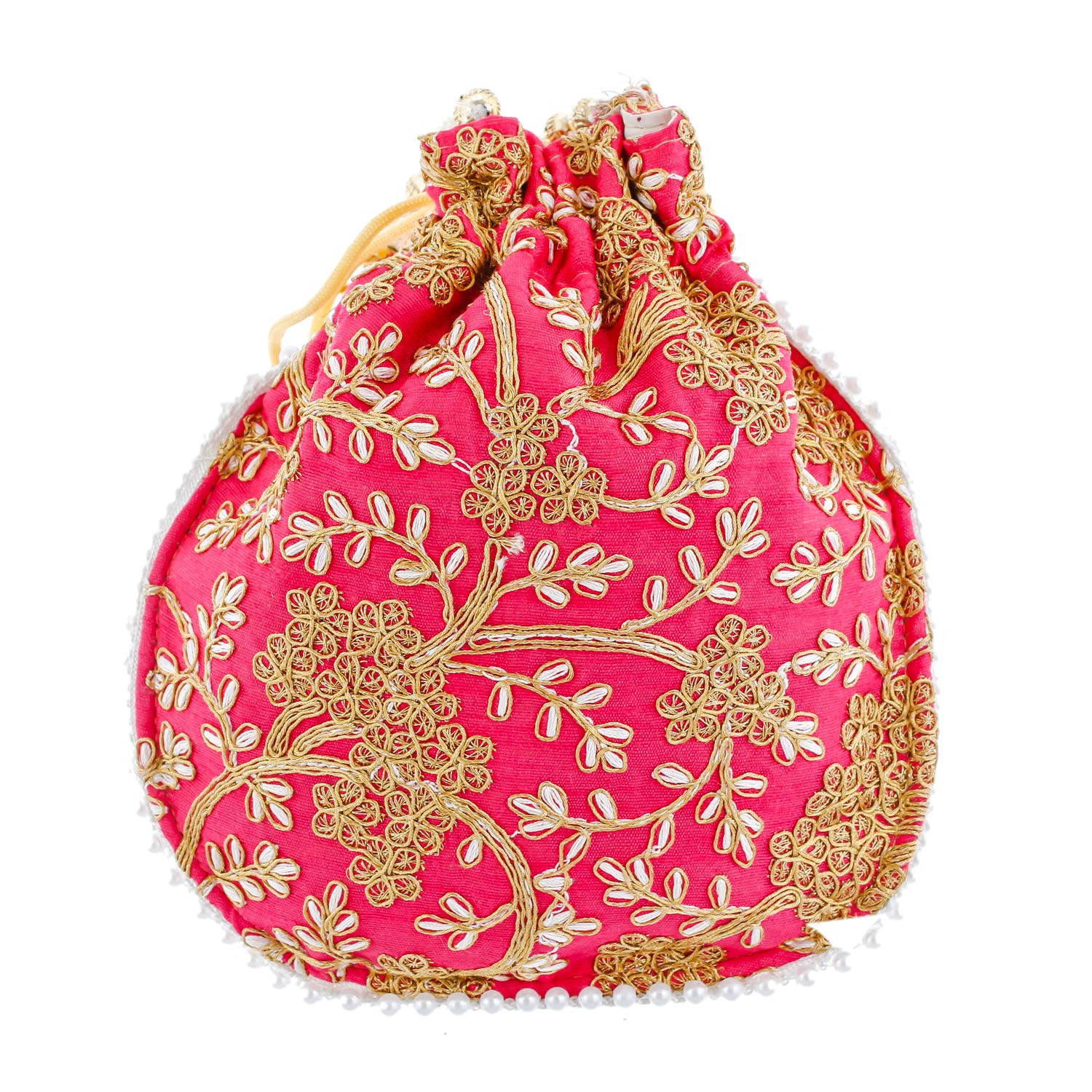 Kuber Industries Embroidery Drawstring Potli|Hand Purse With Gold Pearl Border & Handle For Woman,Girls Pack of 2 (Pink & Cream)
