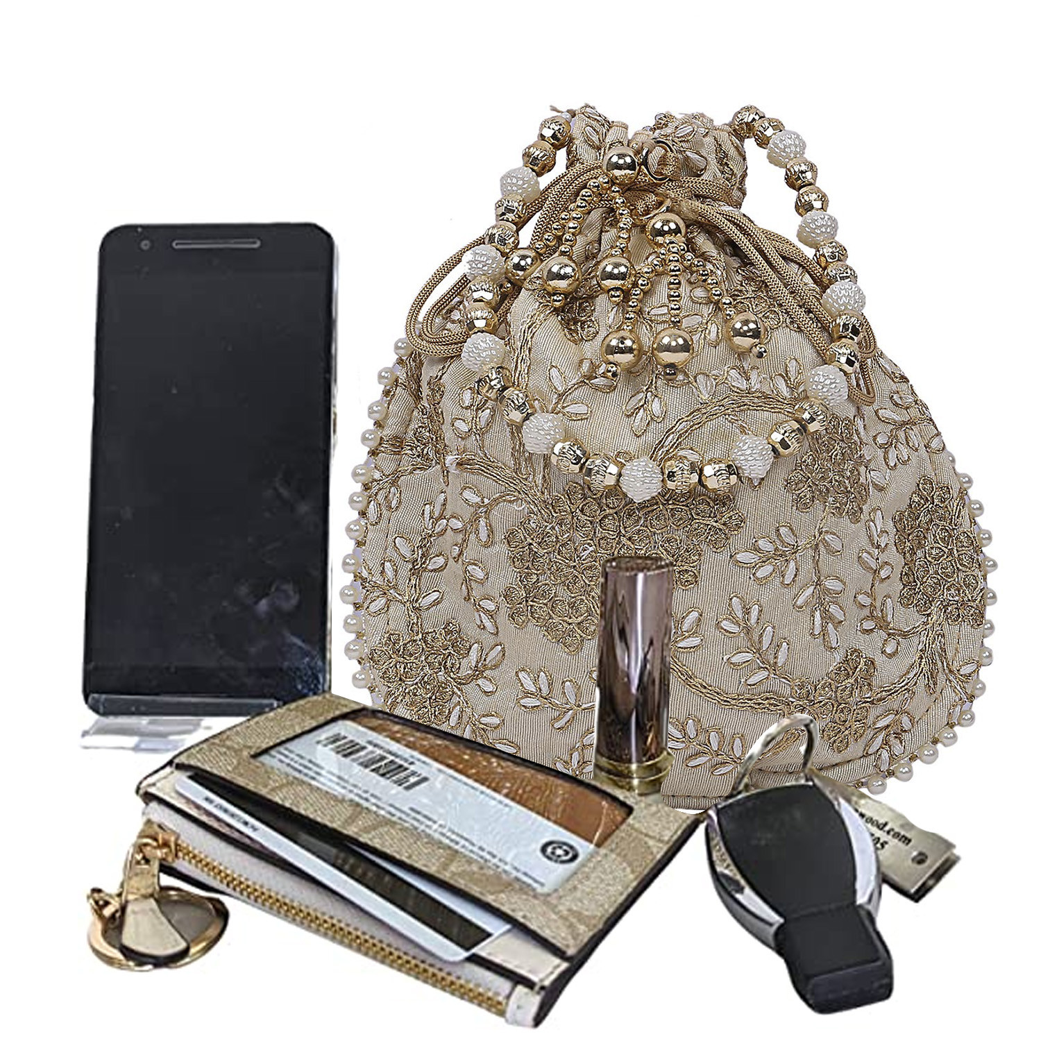 Kuber Industries Embroidery Drawstring Potli|Hand Purse With Gold Pearl Border & Handle For Woman,Girls Pack of 2 (Pink & Cream)
