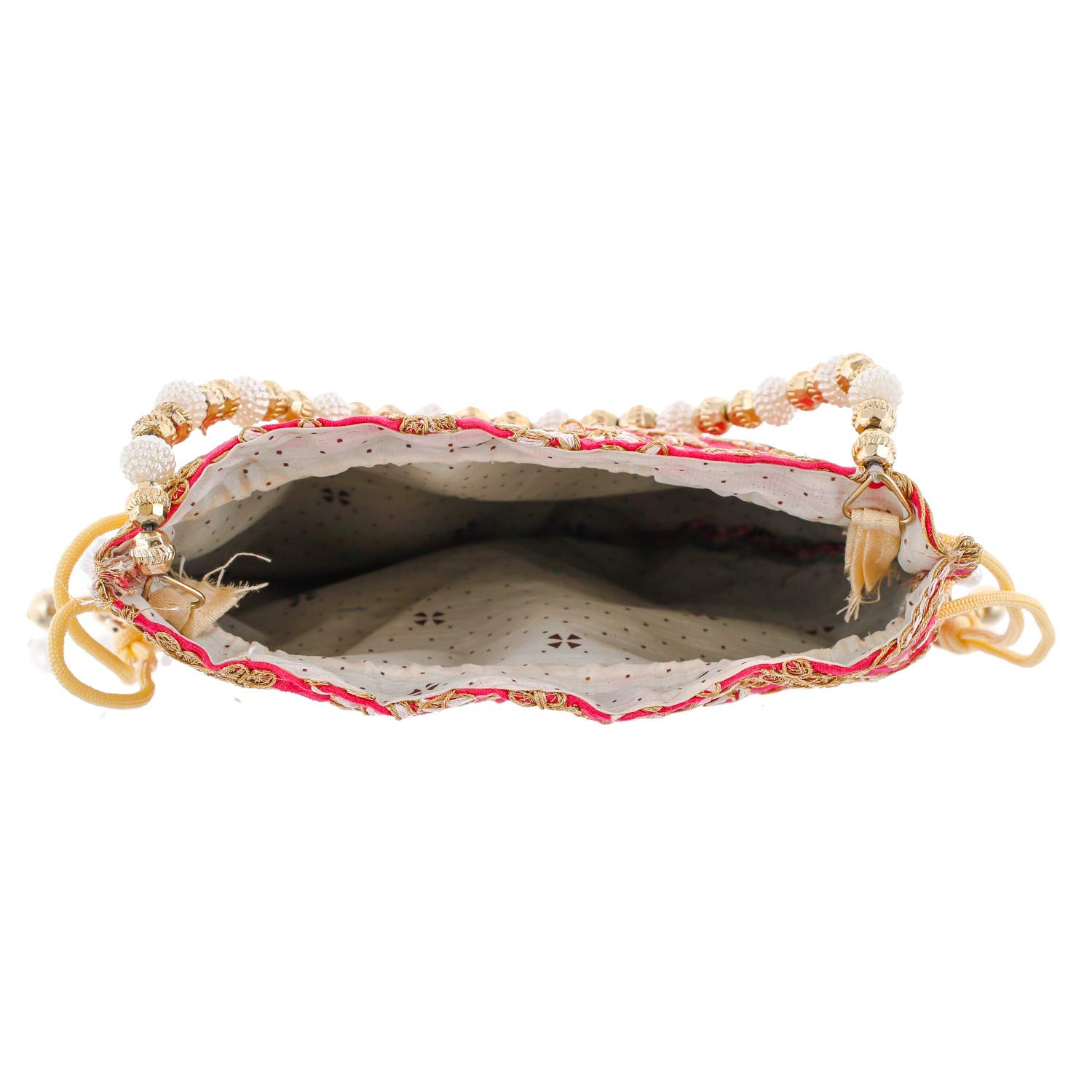 Kuber Industries Embroidery Drawstring Potli|Hand Purse With Gold Pearl Border & Handle For Woman,Girls Pack of 2 (Pink & Cream)