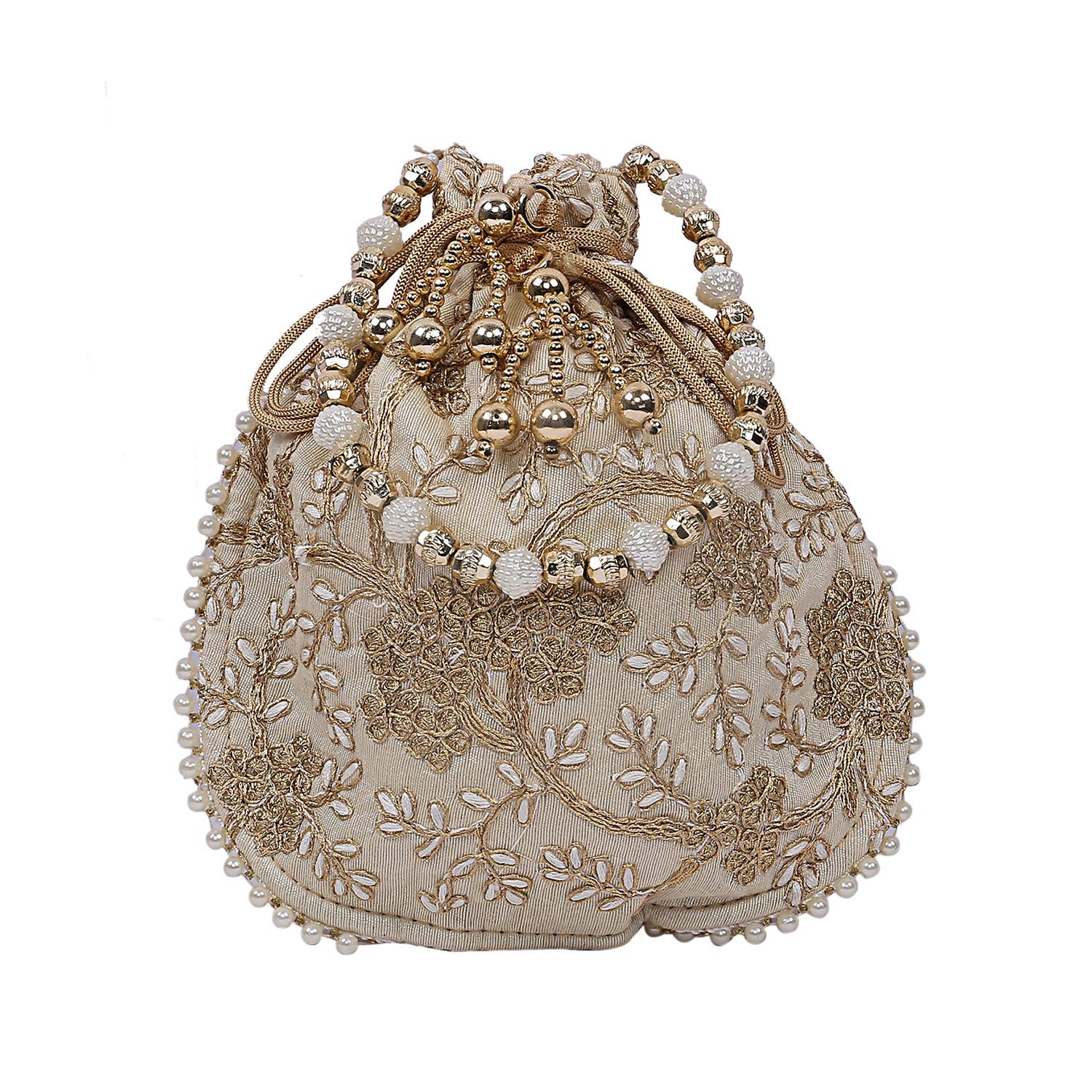 Kuber Industries Embroidery Drawstring Potli|Hand Purse With Gold Pearl Border & Handle For Woman,Girls (Cream)