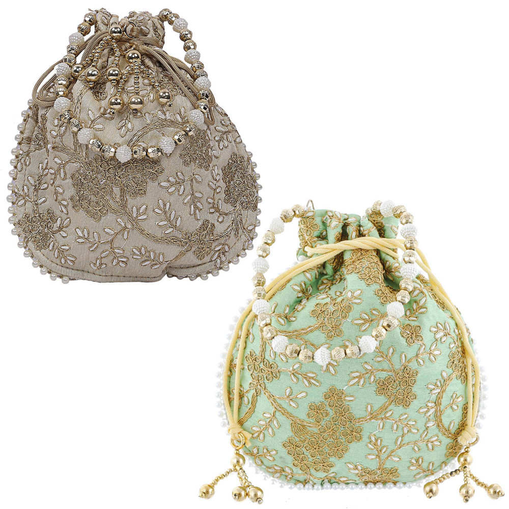 Kuber Industries Embroidery Drawstring Potli|Hand Purse With Gold Pearl Border &amp; Handle For Woman,Girls Pack of 2 (Cream &amp; Green)