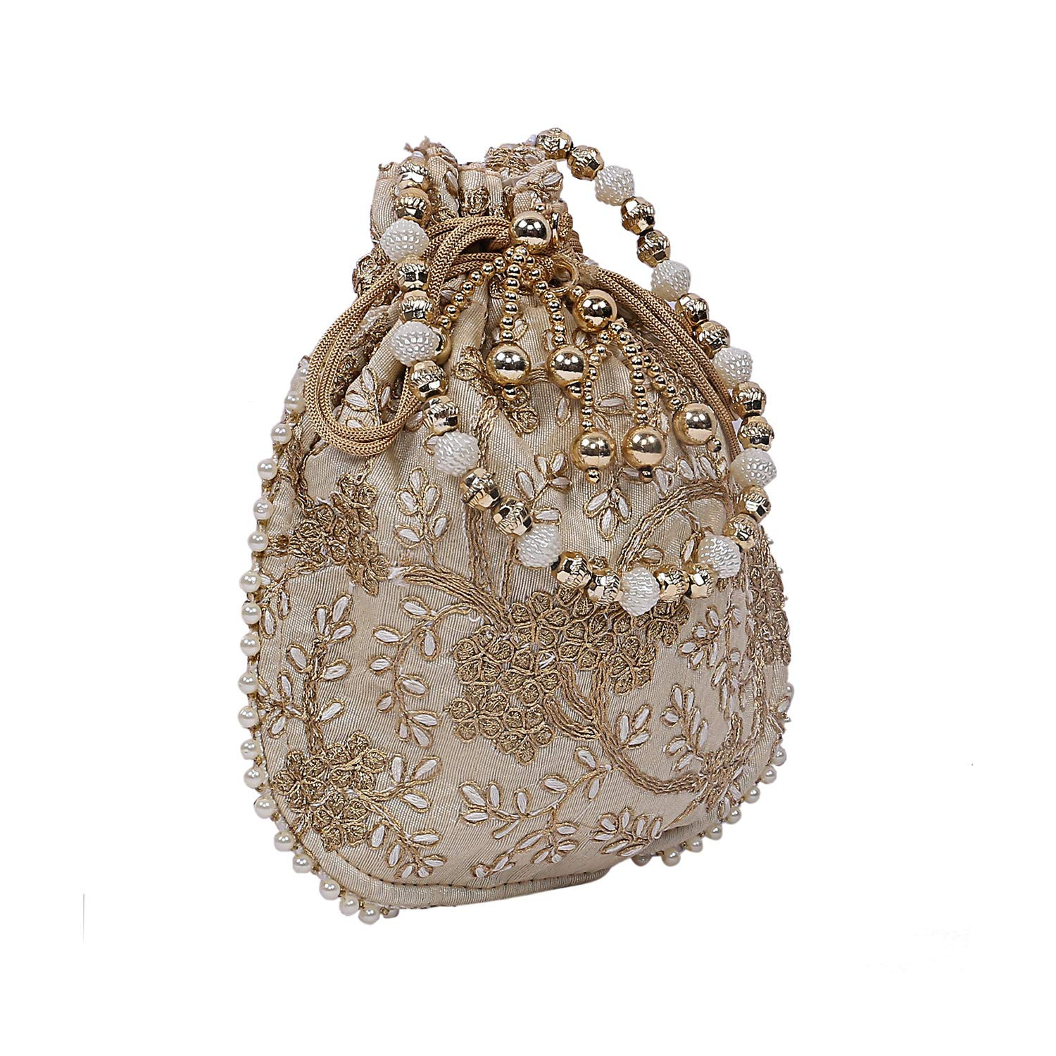 Kuber Industries Embroidery Drawstring Potli|Hand Purse With Gold Pearl Border & Handle For Woman,Girls Pack of 2 (Cream & Green)