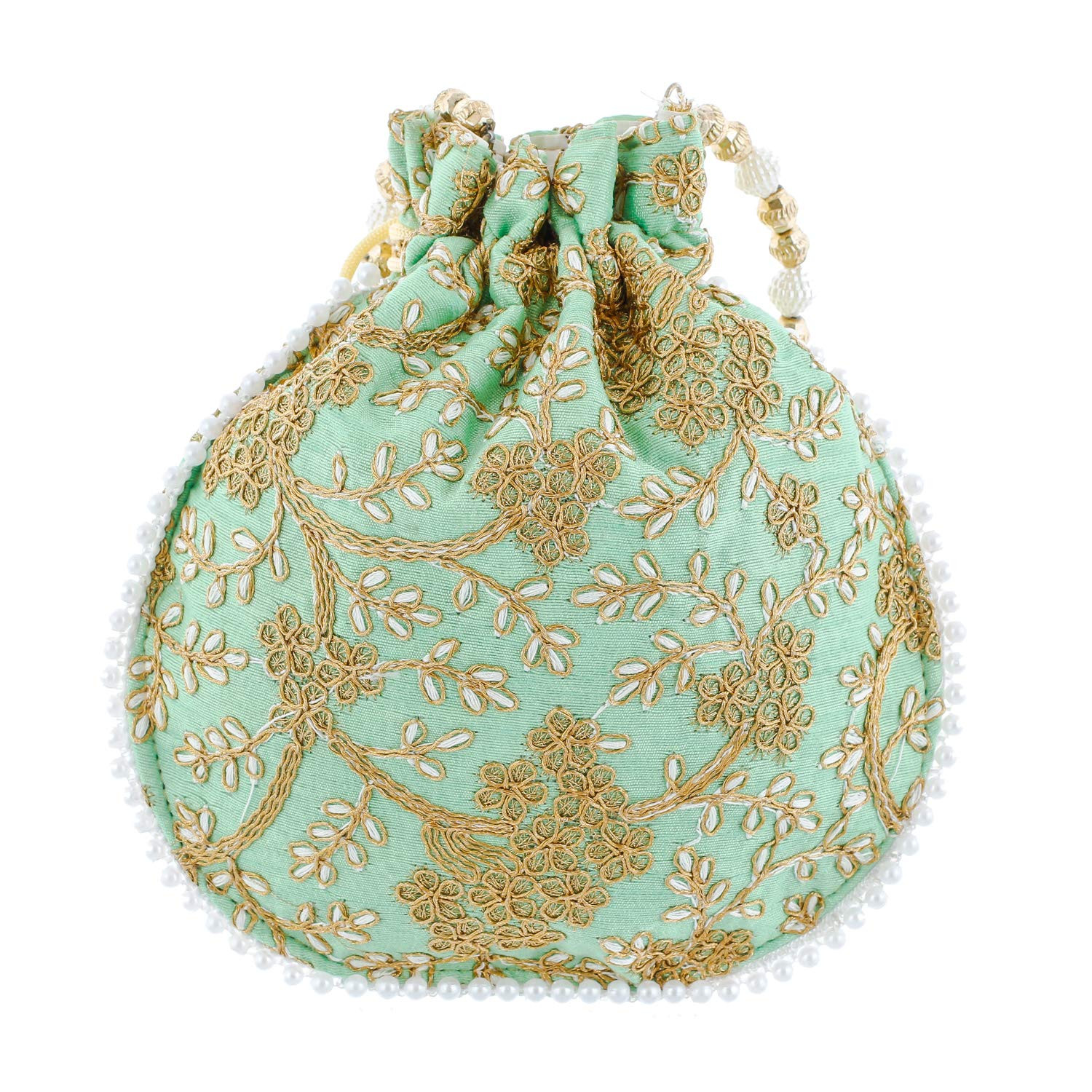 Kuber Industries Embroidery Drawstring Potli|Hand Purse With Gold Pearl Border & Handle For Woman,Girls Pack of 2 (Cream & Green)