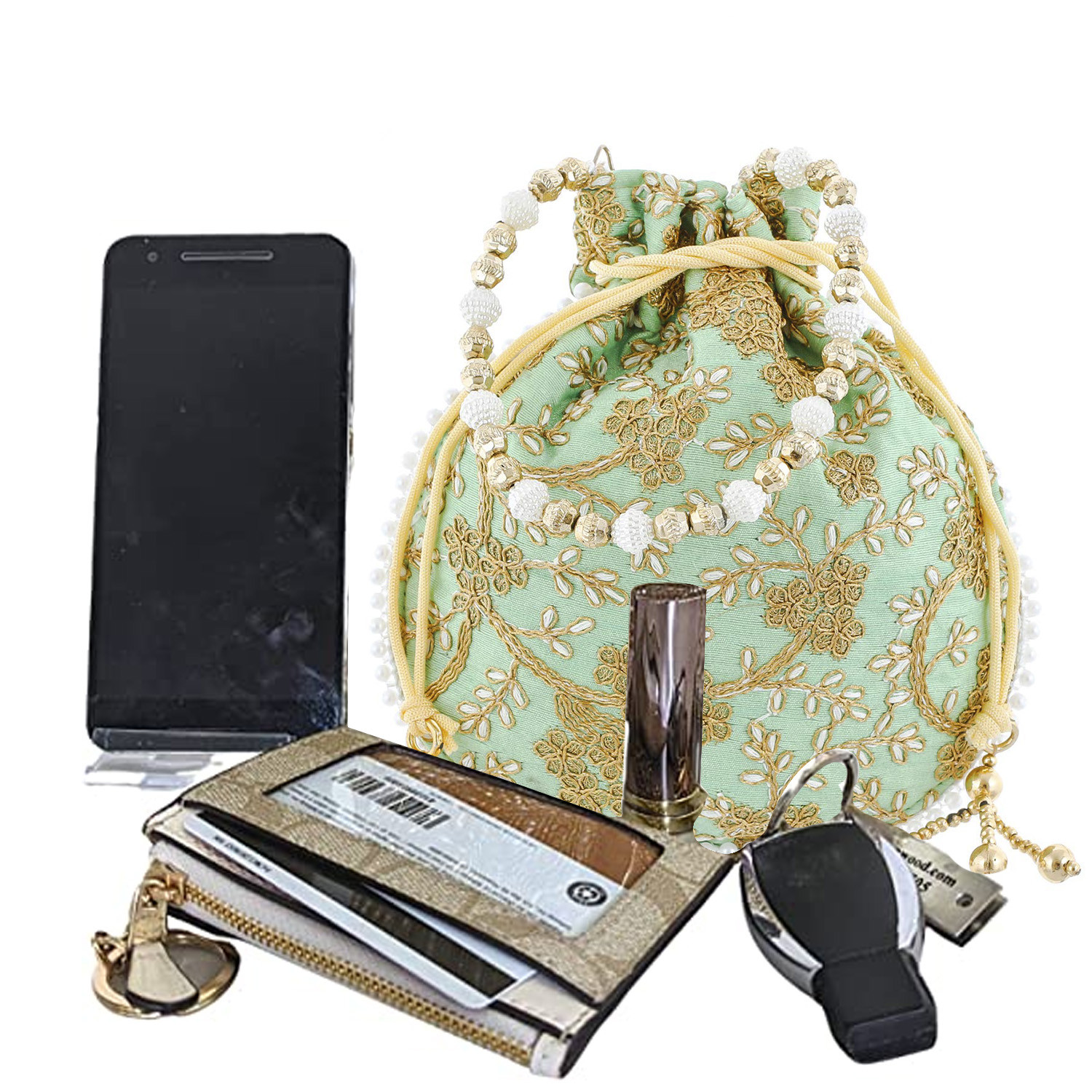 Kuber Industries Embroidery Drawstring Potli|Hand Purse With Gold Pearl Border & Handle For Woman,Girls Pack of 2 (Cream & Green)