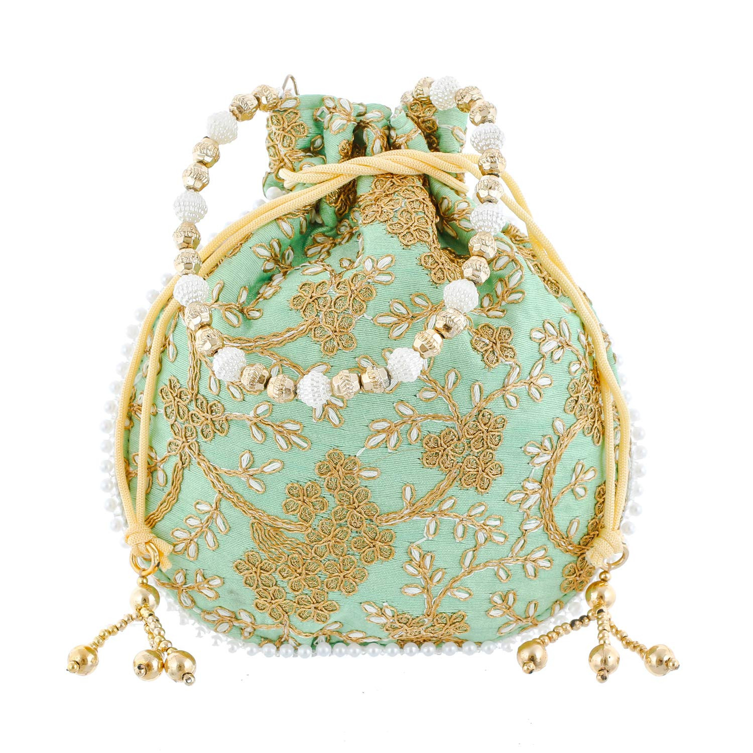 Kuber Industries Embroidery Drawstring Potli|Hand Purse With Gold Pearl Border & Handle For Woman,Girls (Green)