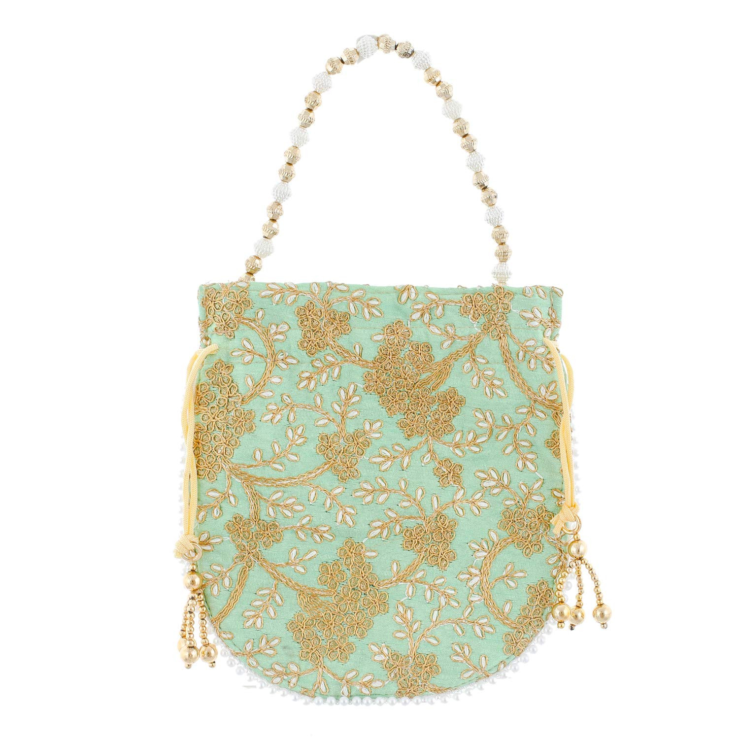 Kuber Industries Embroidery Drawstring Potli|Hand Purse With Gold Pearl Border & Handle For Woman,Girls (Green)