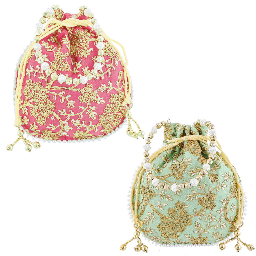 Kuber Industries Embroidery Drawstring Potli|Hand Purse With Gold Pearl Border &amp; Handle For Woman,Girls Pack of 2 (Green &amp; Light Pink)