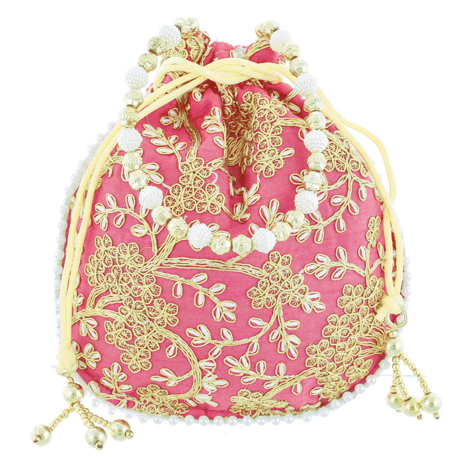 Kuber Industries Embroidery Drawstring Potli|Hand Purse With Gold Pearl Border & Handle For Woman,Girls Pack of 2 (Green & Light Pink)