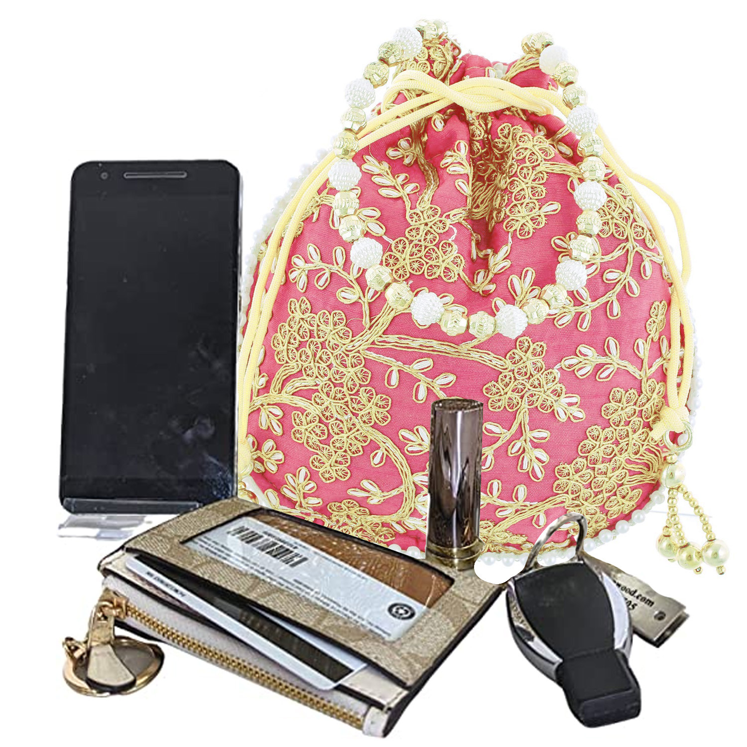 Kuber Industries Embroidery Drawstring Potli|Hand Purse With Gold Pearl Border & Handle For Woman,Girls Pack of 2 (Green & Light Pink)