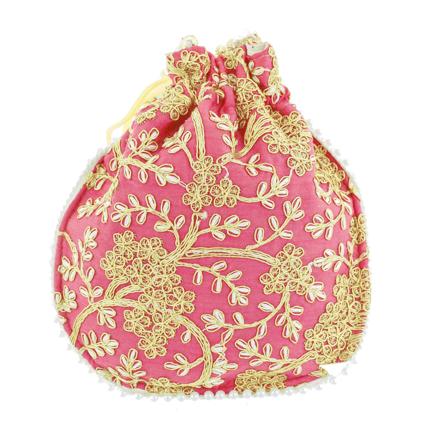 Kuber Industries Embroidery Drawstring Potli|Hand Purse With Gold Pearl Border & Handle For Woman,Girls (Light Pink)