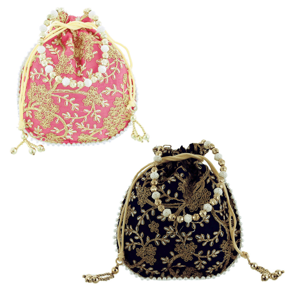 Kuber Industries Embroidery Drawstring Potli|Hand Purse With Gold Pearl Border &amp; Handle For Woman,Girls Pack of 2 (Light Pink &amp; Black)