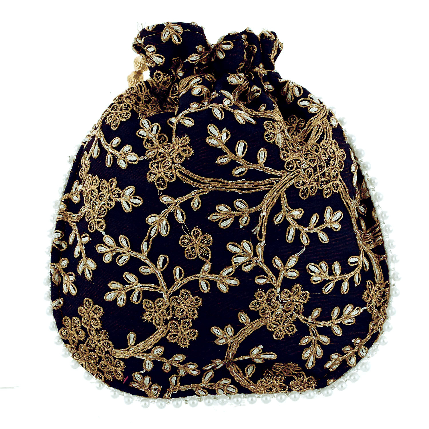 Kuber Industries Embroidery Drawstring Potli|Hand Purse With Gold Pearl Border & Handle For Woman,Girls Pack of 2 (Light Pink & Black)