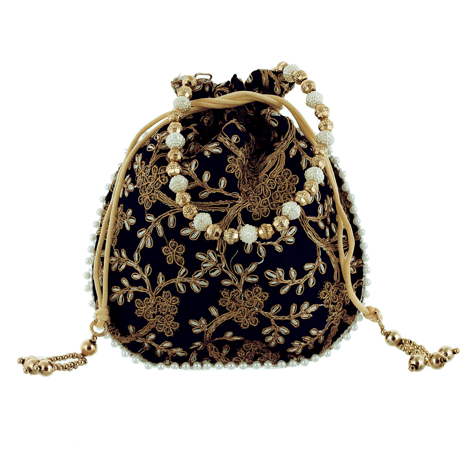 Kuber Industries Embroidery Drawstring Potli|Hand Purse With Gold Pearl Border & Handle For Woman,Girls (Black)