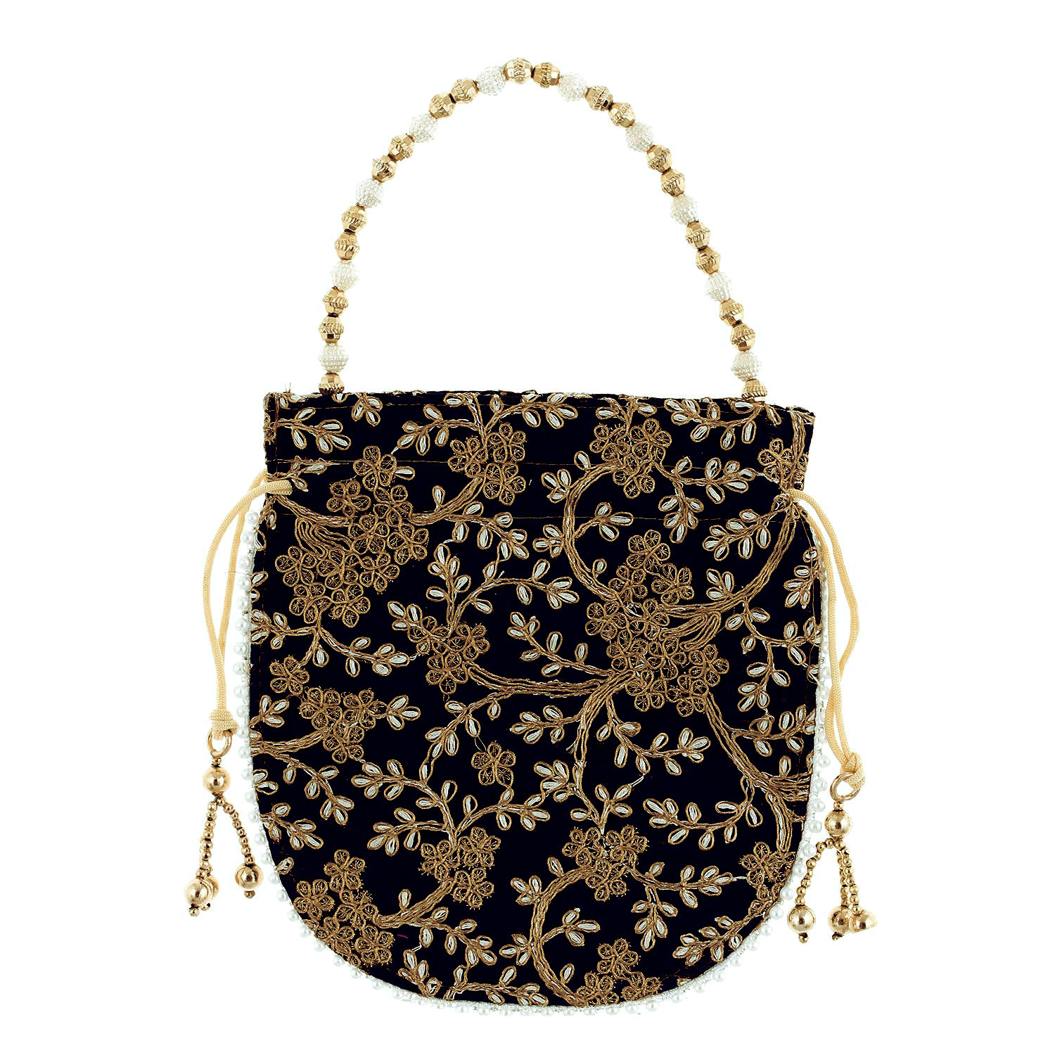Kuber Industries Embroidery Drawstring Potli|Hand Purse With Gold Pearl Border & Handle For Woman,Girls (Black)