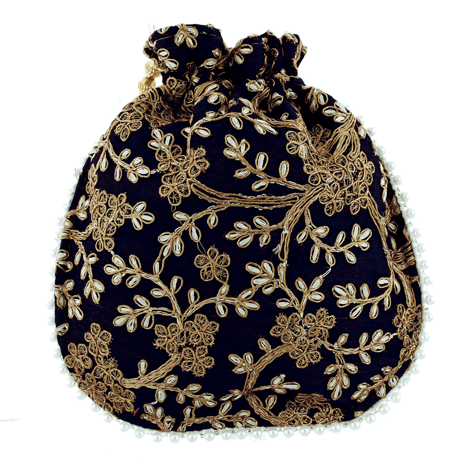 Kuber Industries Embroidery Drawstring Potli|Hand Purse With Gold Pearl Border & Handle For Woman,Girls (Black)