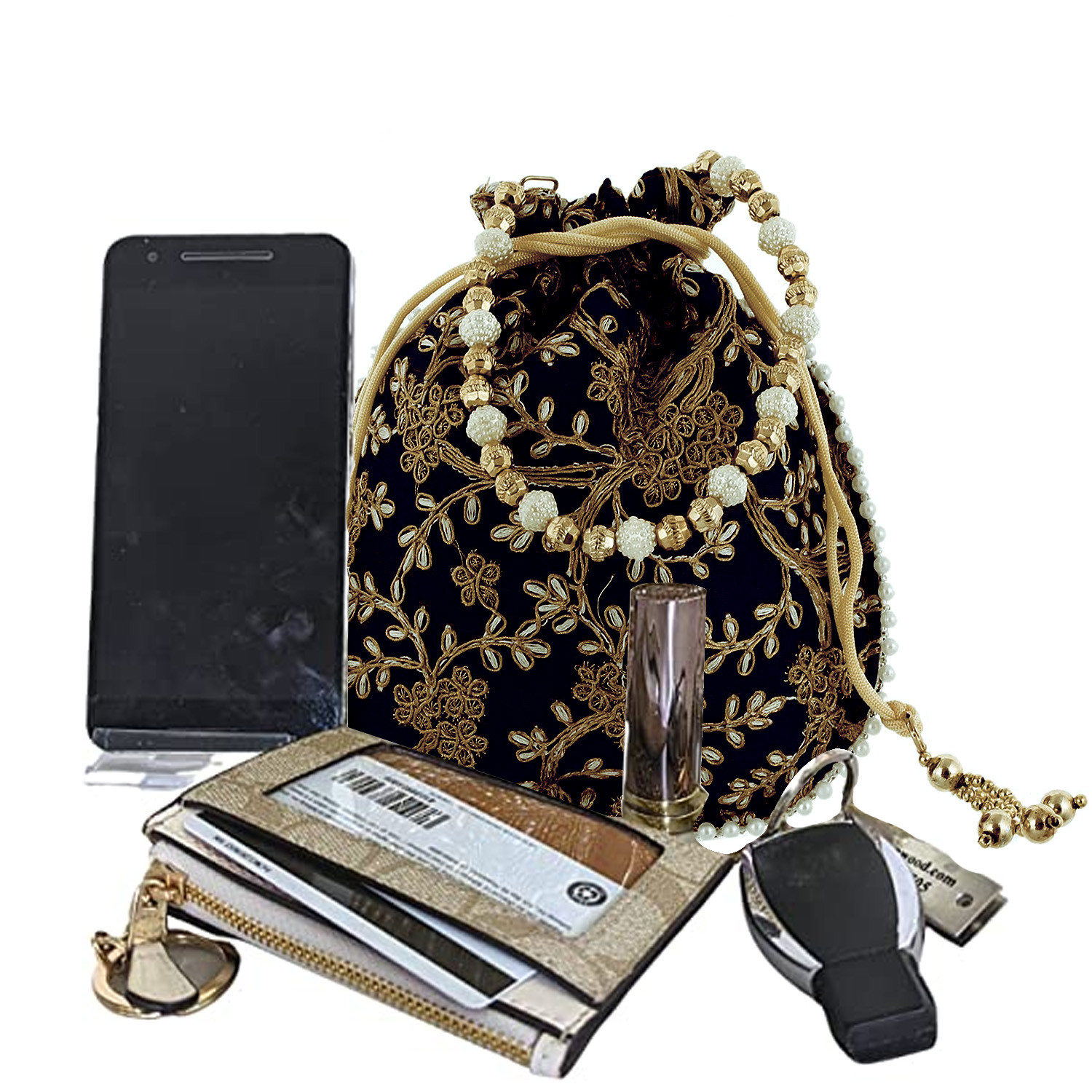 Kuber Industries Embroidery Drawstring Potli|Hand Purse With Gold Pearl Border & Handle For Woman,Girls (Black)