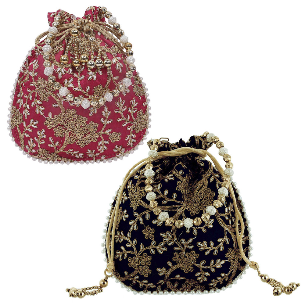 Kuber Industries Embroidery Drawstring Potli|Hand Purse With Gold Pearl Border &amp; Handle For Woman,Girls Pack of 2 (Black &amp; Red)