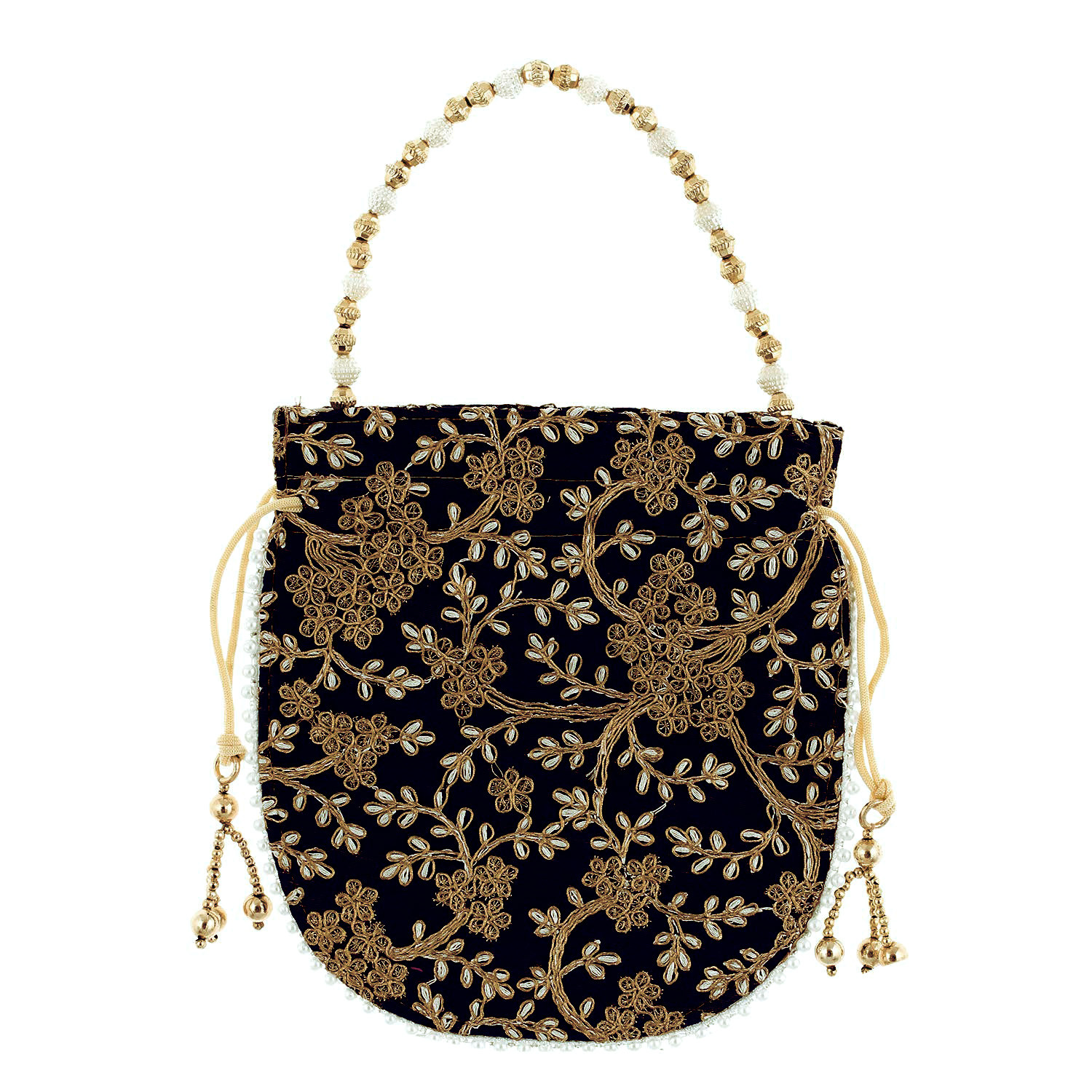 Kuber Industries Embroidery Drawstring Potli|Hand Purse With Gold Pearl Border & Handle For Woman,Girls Pack of 2 (Black & Red)