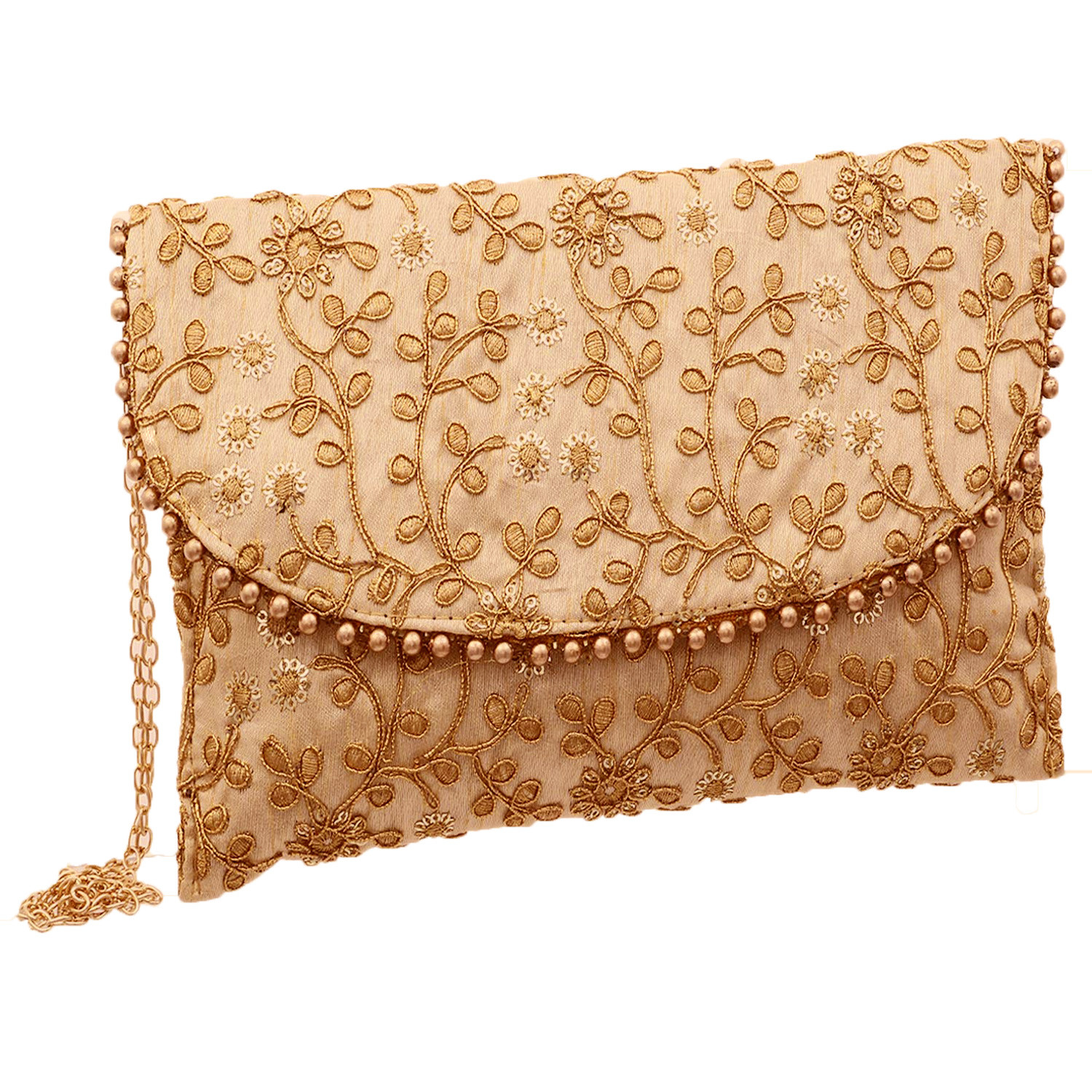 Kuber Industries Embroidery Golden Pearl Border Clutch|Hand Purse & Pearls Handle With Magnetic Lock For Woman,Girls (Peach)