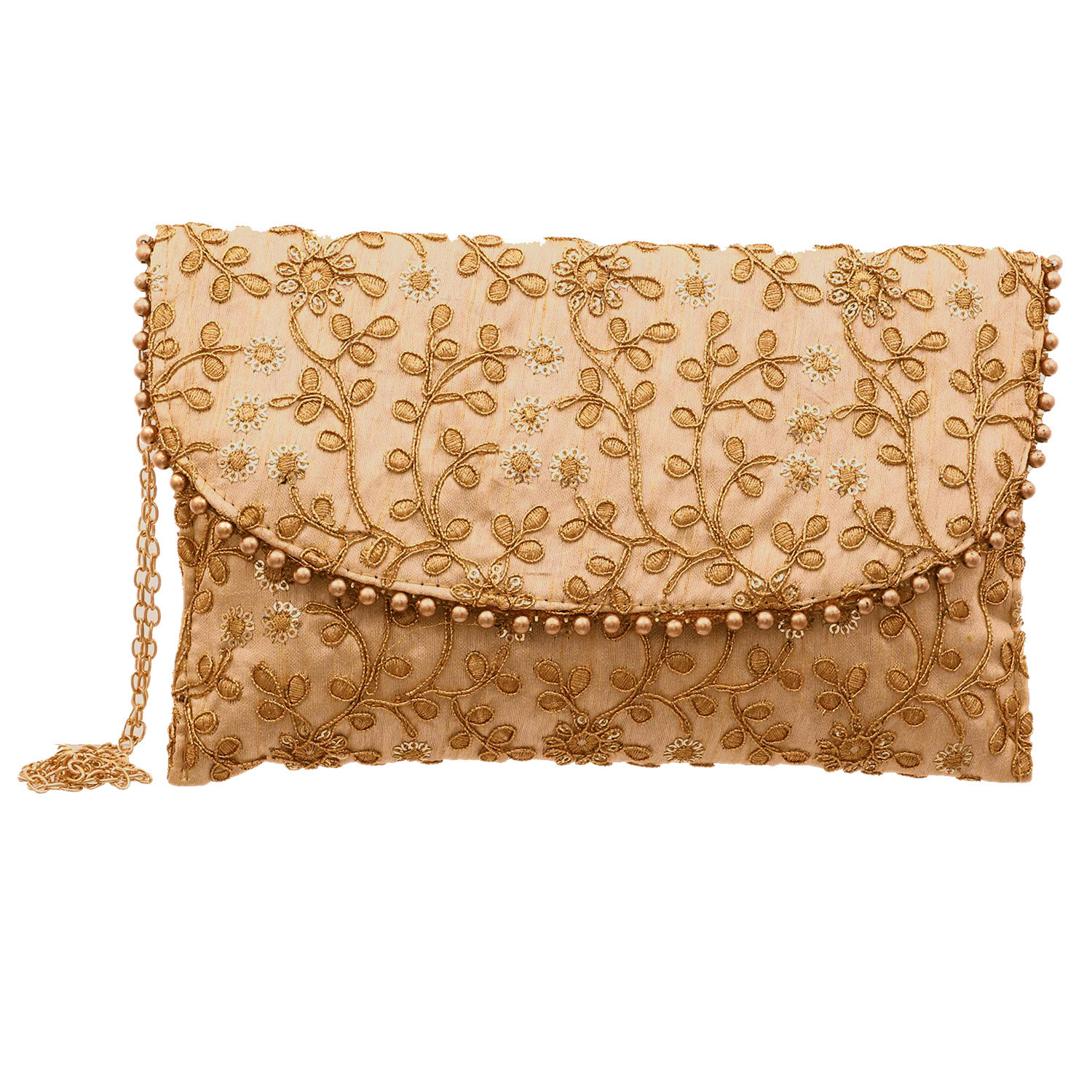 Kuber Industries Embroidery Golden Pearl Border Clutch|Hand Purse & Pearls Handle With Magnetic Lock For Woman,Girls (Peach)