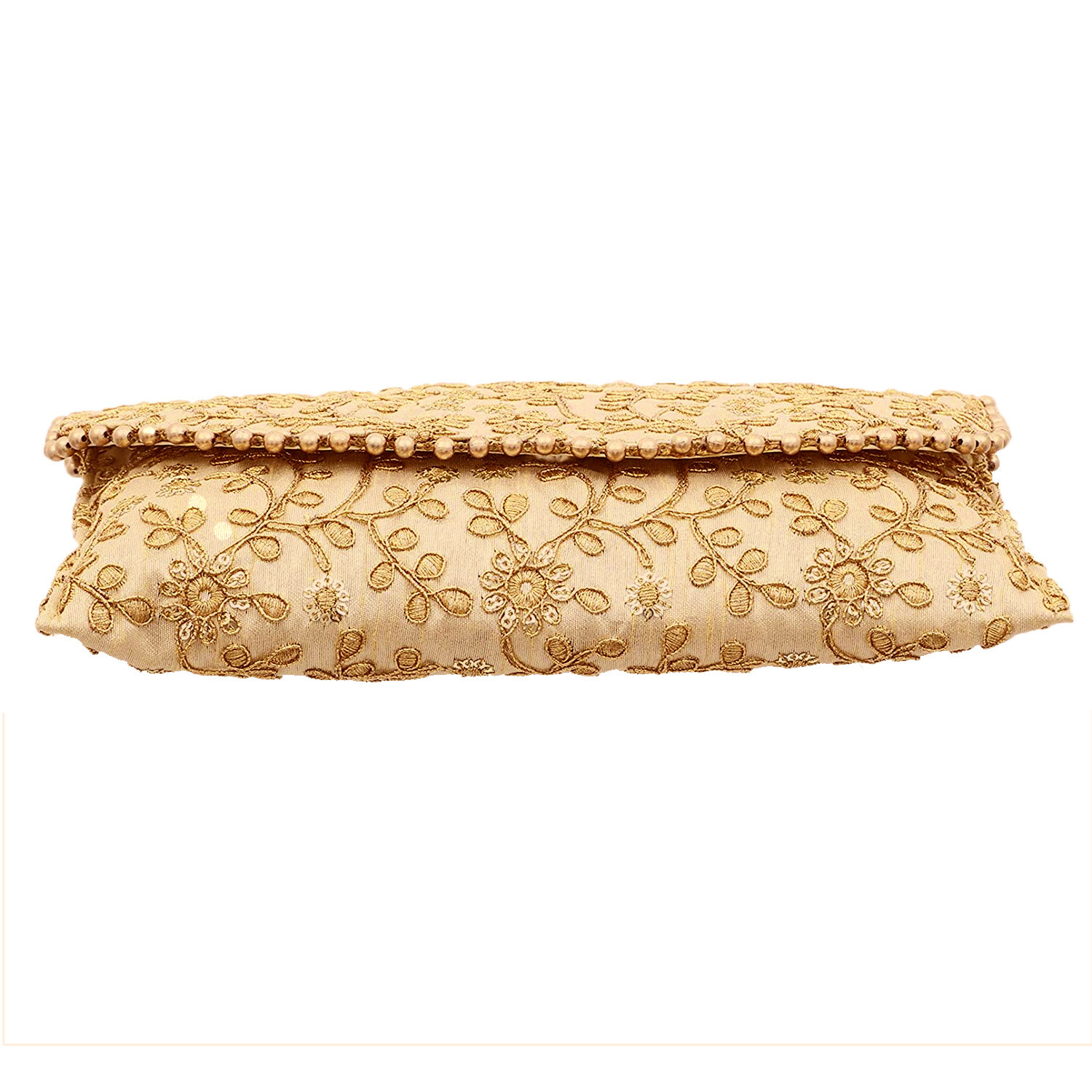 Kuber Industries Embroidery Golden Pearl Border Clutch|Hand Purse & Pearls Handle With Magnetic Lock For Woman,Girls (Peach)