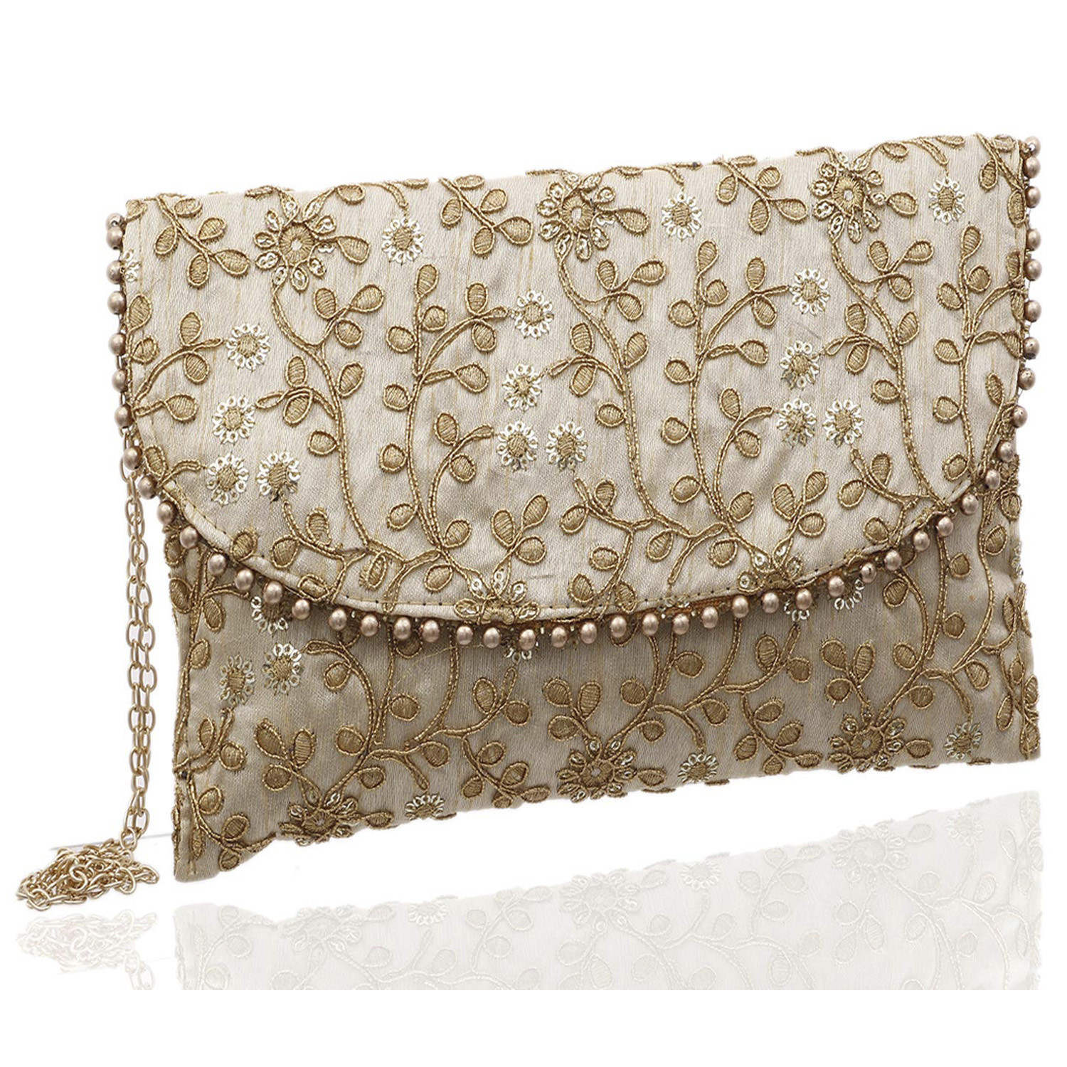 Kuber Industries Embroidery Golden Pearl Border Clutch|Hand Purse & Pearls Handle With Magnetic Lock For Woman,Girls (Cream)