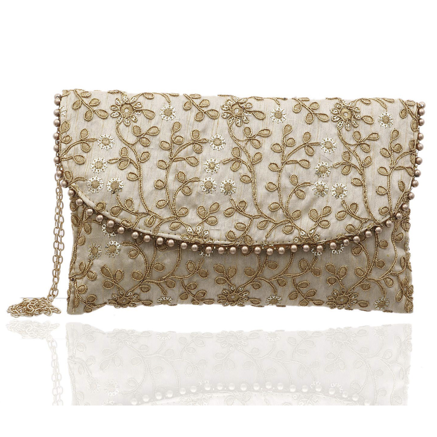 Kuber Industries Embroidery Golden Pearl Border Clutch|Hand Purse & Pearls Handle With Magnetic Lock For Woman,Girls (Cream)