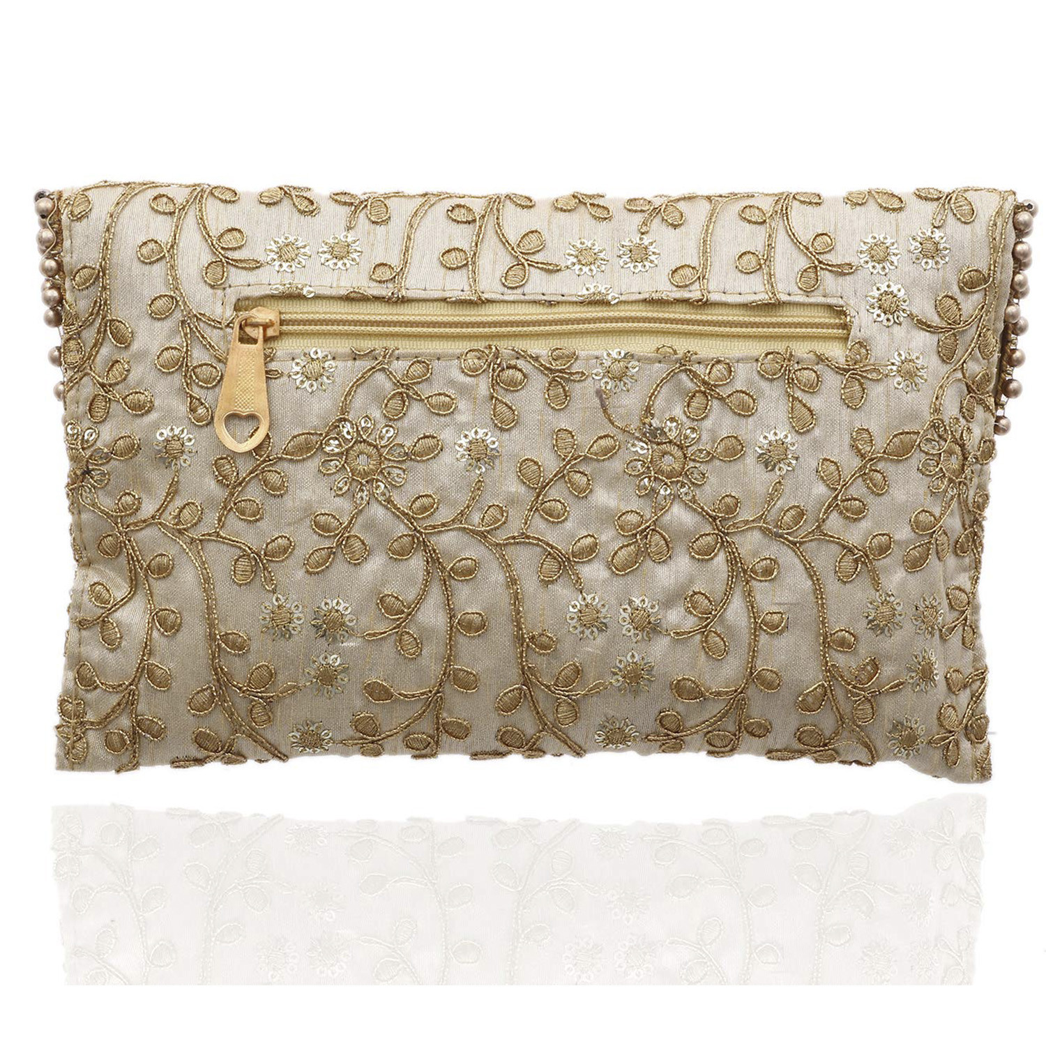 Kuber Industries Embroidery Golden Pearl Border Clutch|Hand Purse & Pearls Handle With Magnetic Lock For Woman,Girls (Cream)