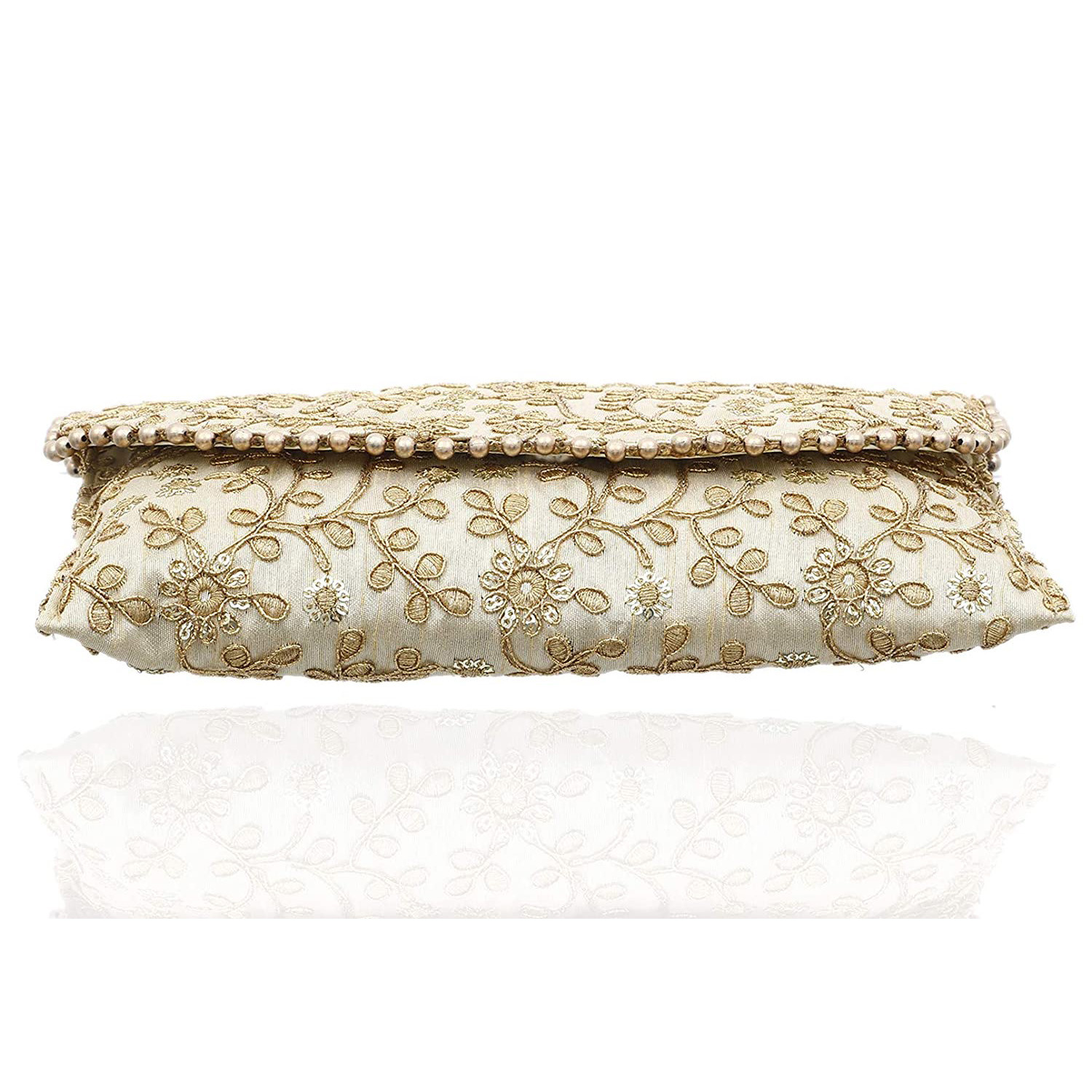Kuber Industries Embroidery Golden Pearl Border Clutch|Hand Purse & Pearls Handle With Magnetic Lock For Woman,Girls (Cream)