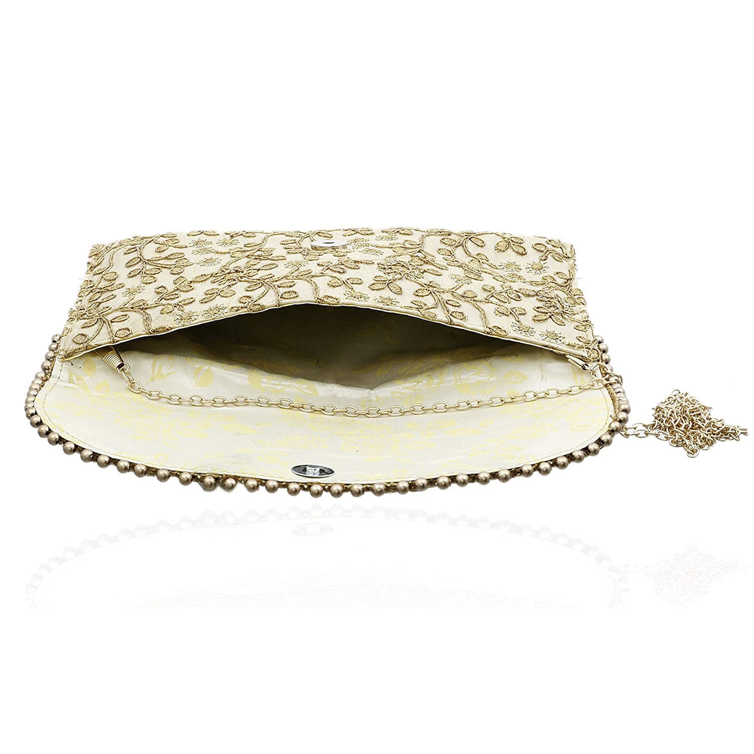 Kuber Industries Embroidery Golden Pearl Border Clutch|Hand Purse & Pearls Handle With Magnetic Lock For Woman,Girls (Cream)