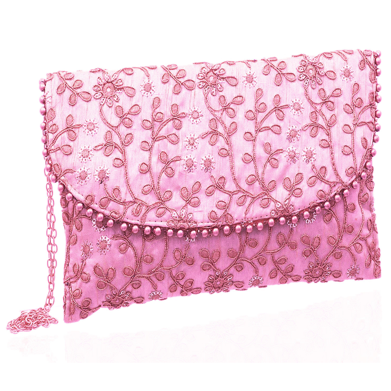 Kuber Industries Embroidery Golden Pearl Border Clutch|Hand Purse & Pearls Handle With Magnetic Lock For Woman,Girls (Pink)