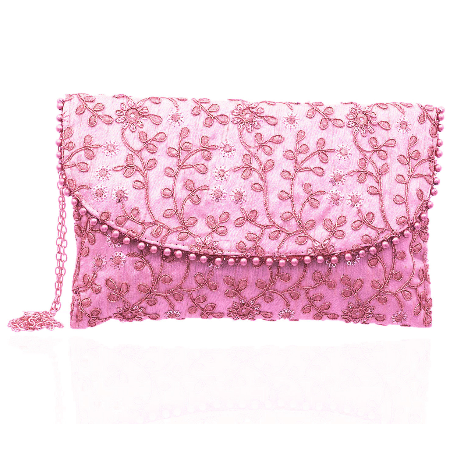 Kuber Industries Embroidery Golden Pearl Border Clutch|Hand Purse & Pearls Handle With Magnetic Lock For Woman,Girls (Pink)