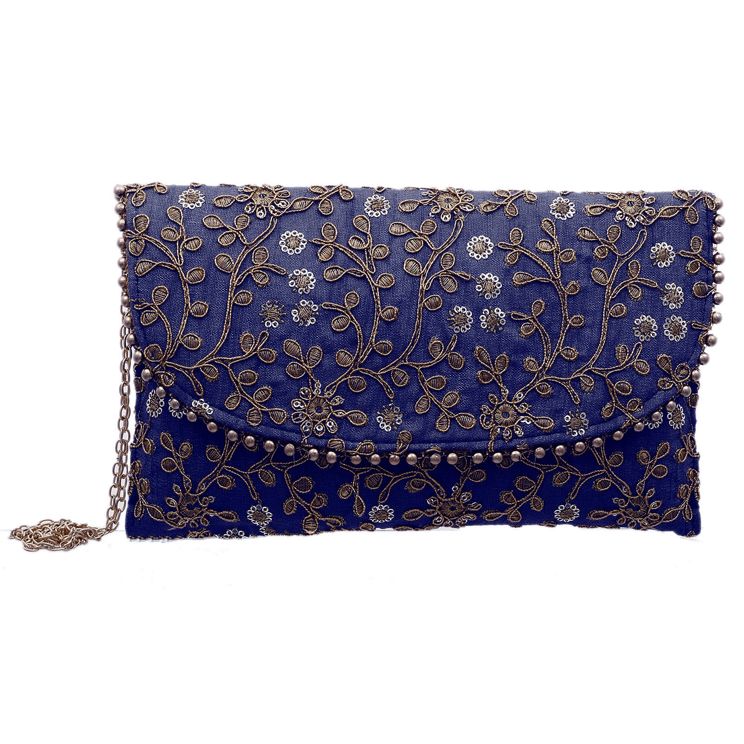 Kuber Industries Embroidery Golden Pearl Border Clutch|Hand Purse & Pearls Handle With Magnetic Lock For Woman,Girls (Blue)