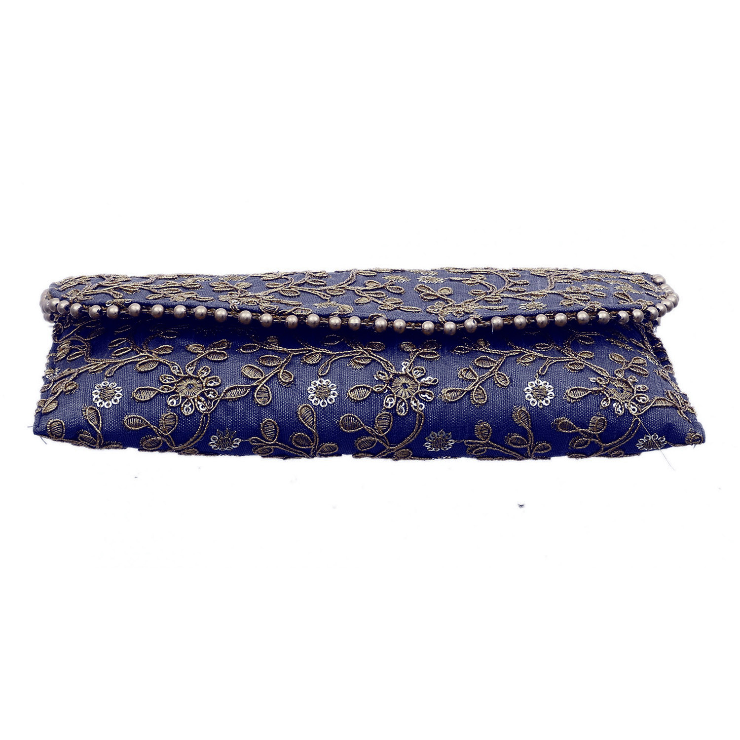 Kuber Industries Embroidery Golden Pearl Border Clutch|Hand Purse & Pearls Handle With Magnetic Lock For Woman,Girls (Blue)
