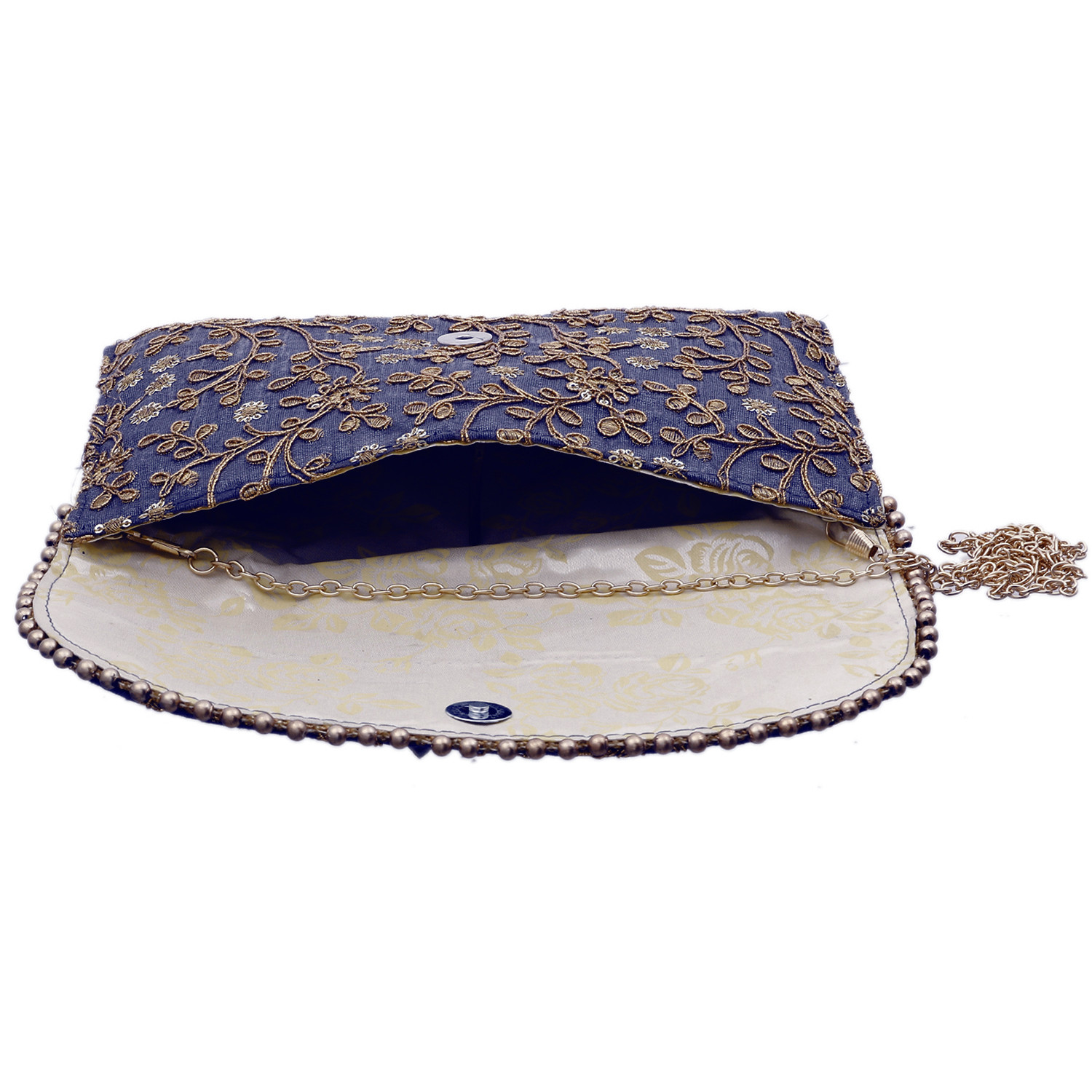 Kuber Industries Embroidery Golden Pearl Border Clutch|Hand Purse & Pearls Handle With Magnetic Lock For Woman,Girls (Blue)