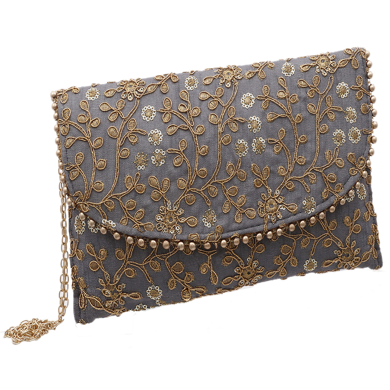 Kuber Industries Embroidery Golden Pearl Border Clutch|Hand Purse & Pearls Handle With Magnetic Lock For Woman,Girls (Gray)