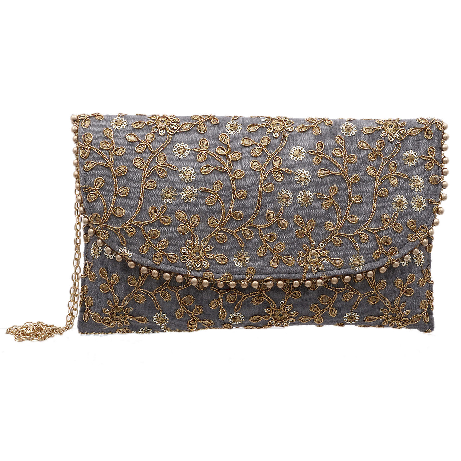 Kuber Industries Embroidery Golden Pearl Border Clutch|Hand Purse & Pearls Handle With Magnetic Lock For Woman,Girls (Gray)