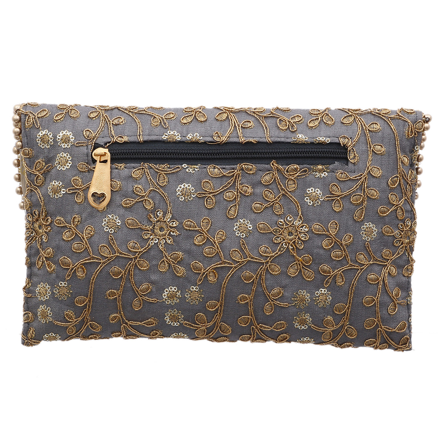 Kuber Industries Embroidery Golden Pearl Border Clutch|Hand Purse & Pearls Handle With Magnetic Lock For Woman,Girls (Gray)