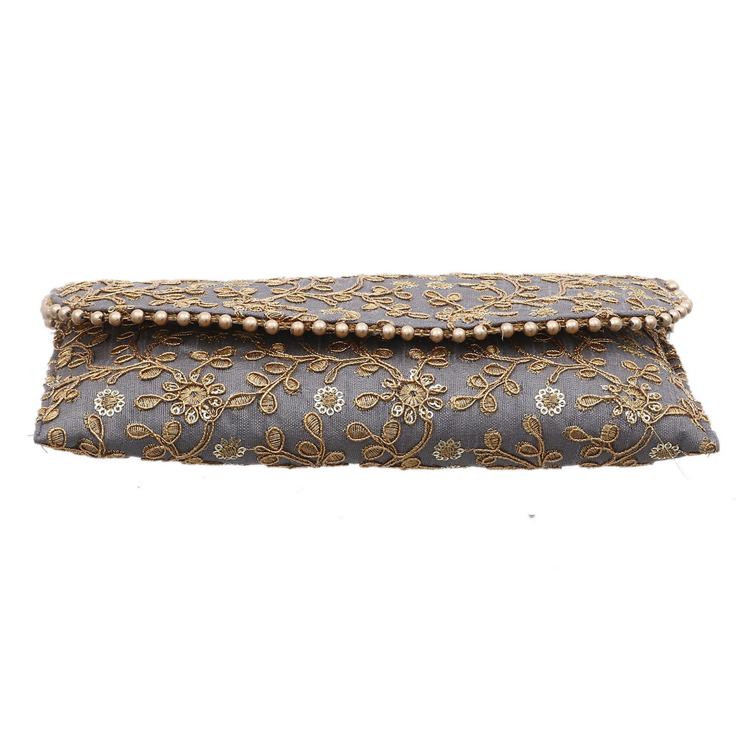 Kuber Industries Embroidery Golden Pearl Border Clutch|Hand Purse & Pearls Handle With Magnetic Lock For Woman,Girls (Gray)