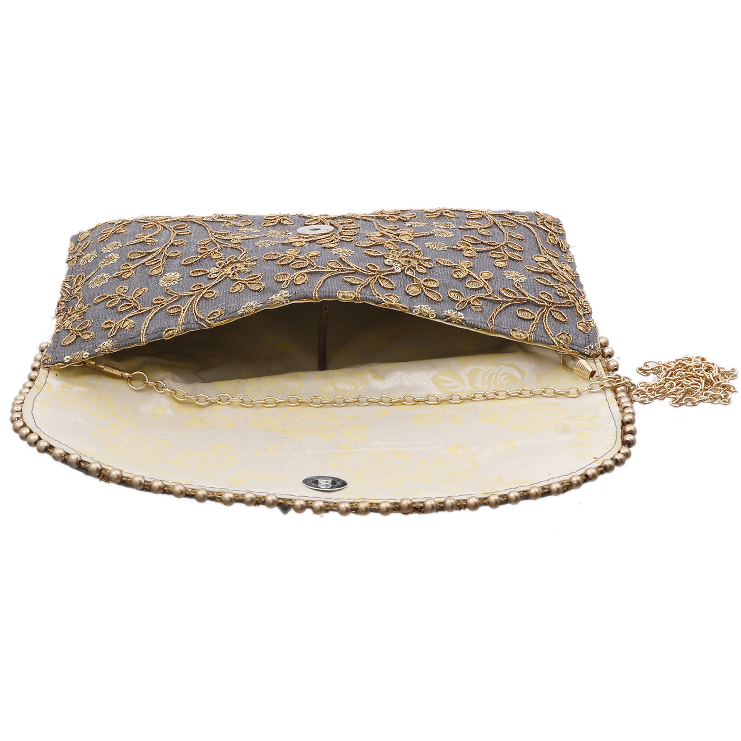 Kuber Industries Embroidery Golden Pearl Border Clutch|Hand Purse & Pearls Handle With Magnetic Lock For Woman,Girls (Gray)