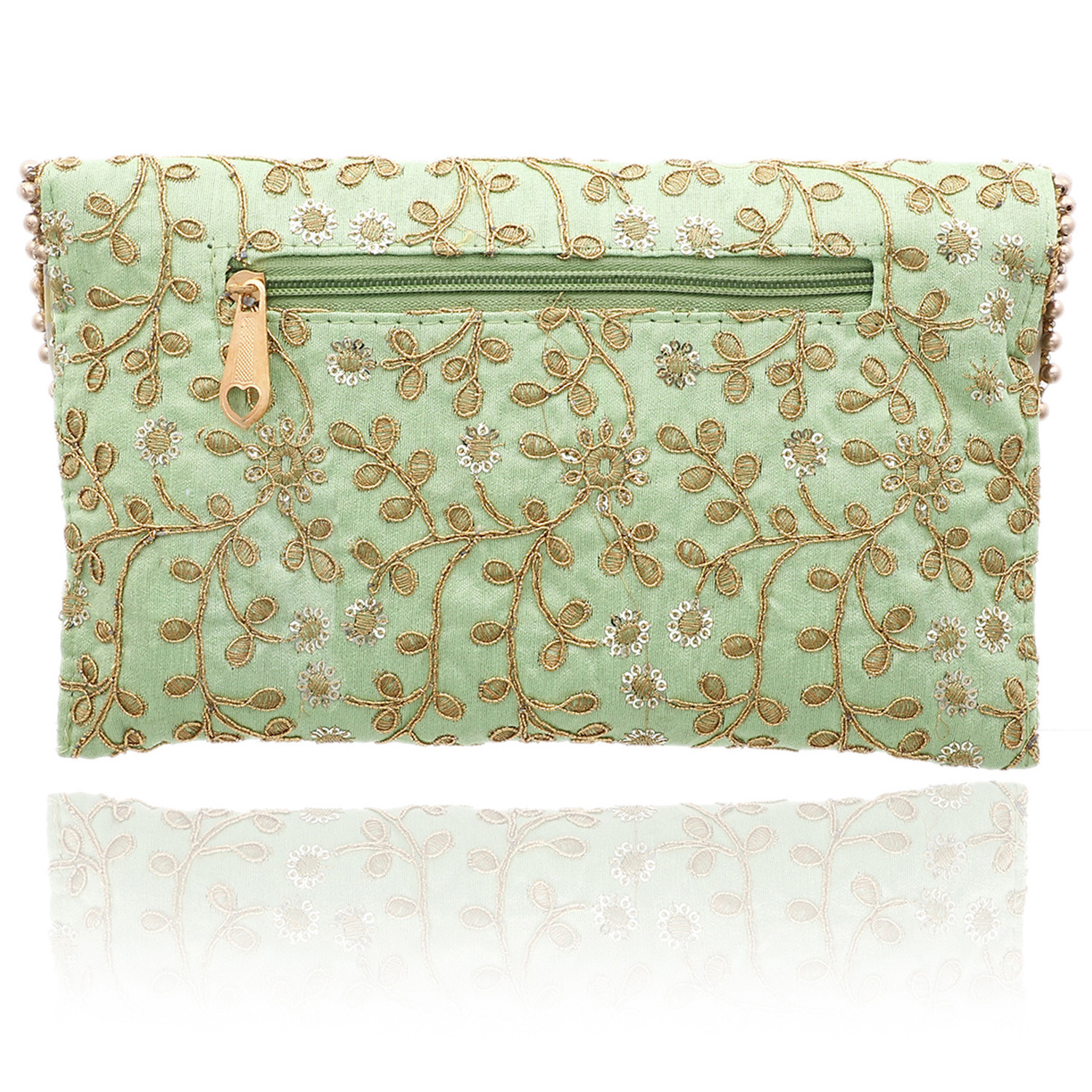 Kuber Industries Embroidery Golden Pearl Border Clutch|Hand Purse & Pearls Handle With Magnetic Lock For Woman,Girls (Green)