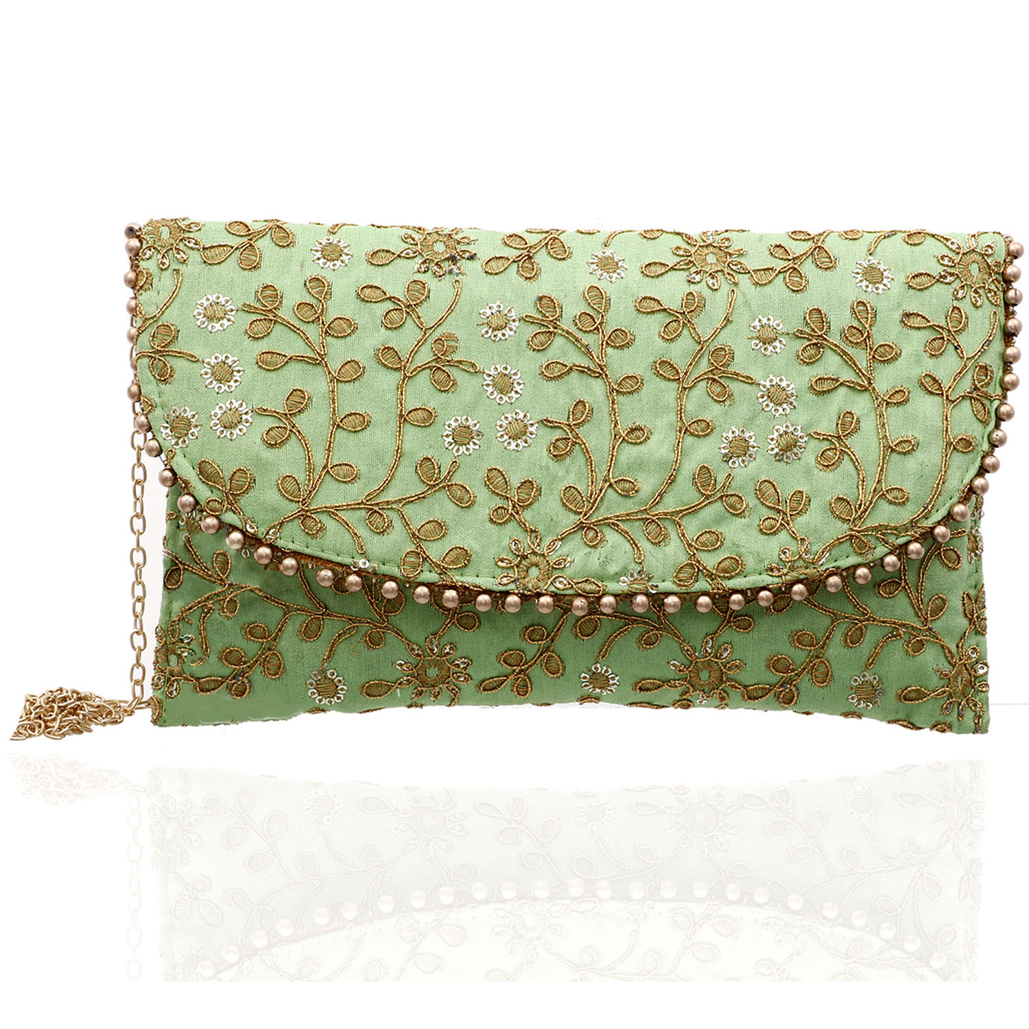 Kuber Industries Embroidery Golden Pearl Border Clutch|Hand Purse & Pearls Handle With Magnetic Lock For Woman,Girls (Green)