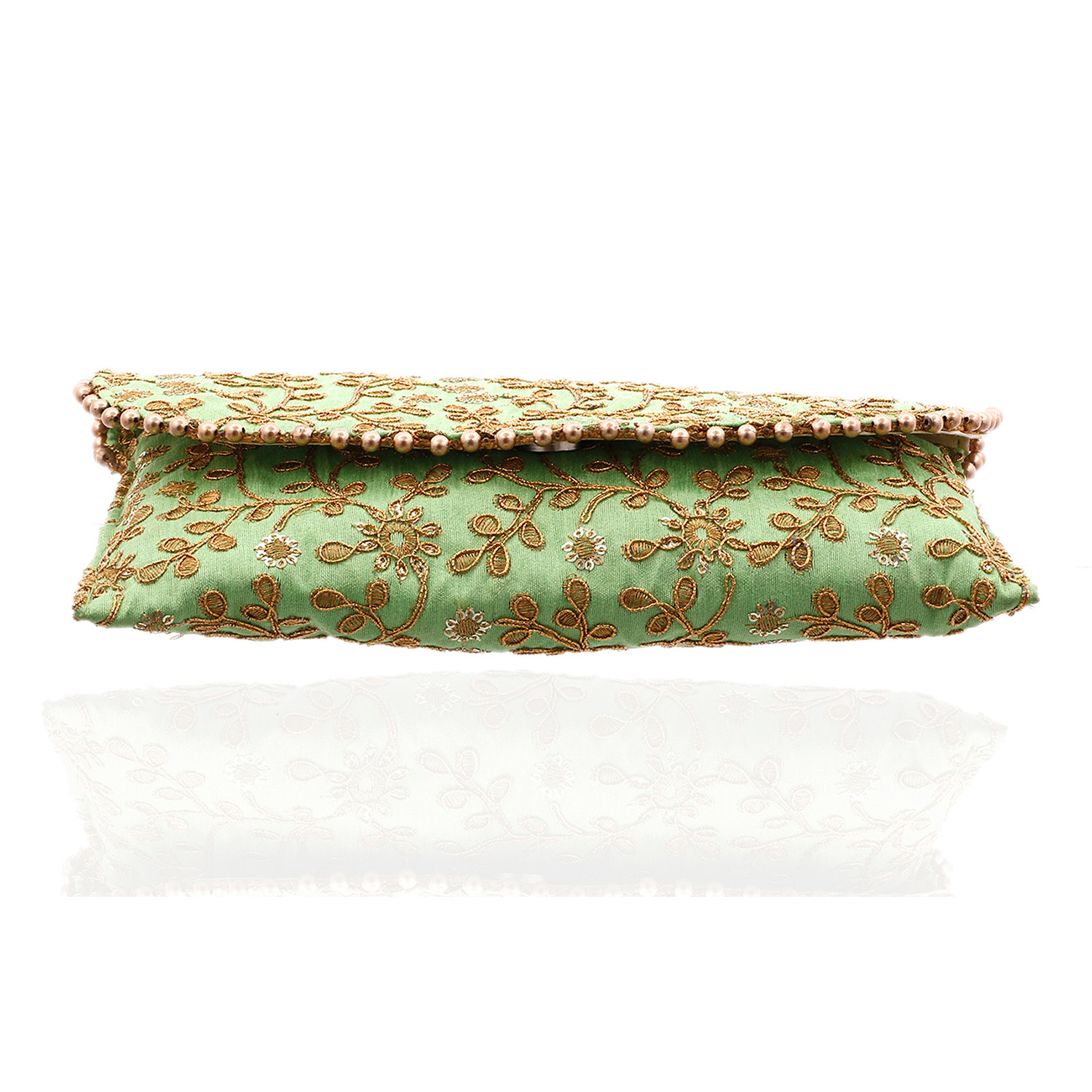 Kuber Industries Embroidery Golden Pearl Border Clutch|Hand Purse & Pearls Handle With Magnetic Lock For Woman,Girls (Green)