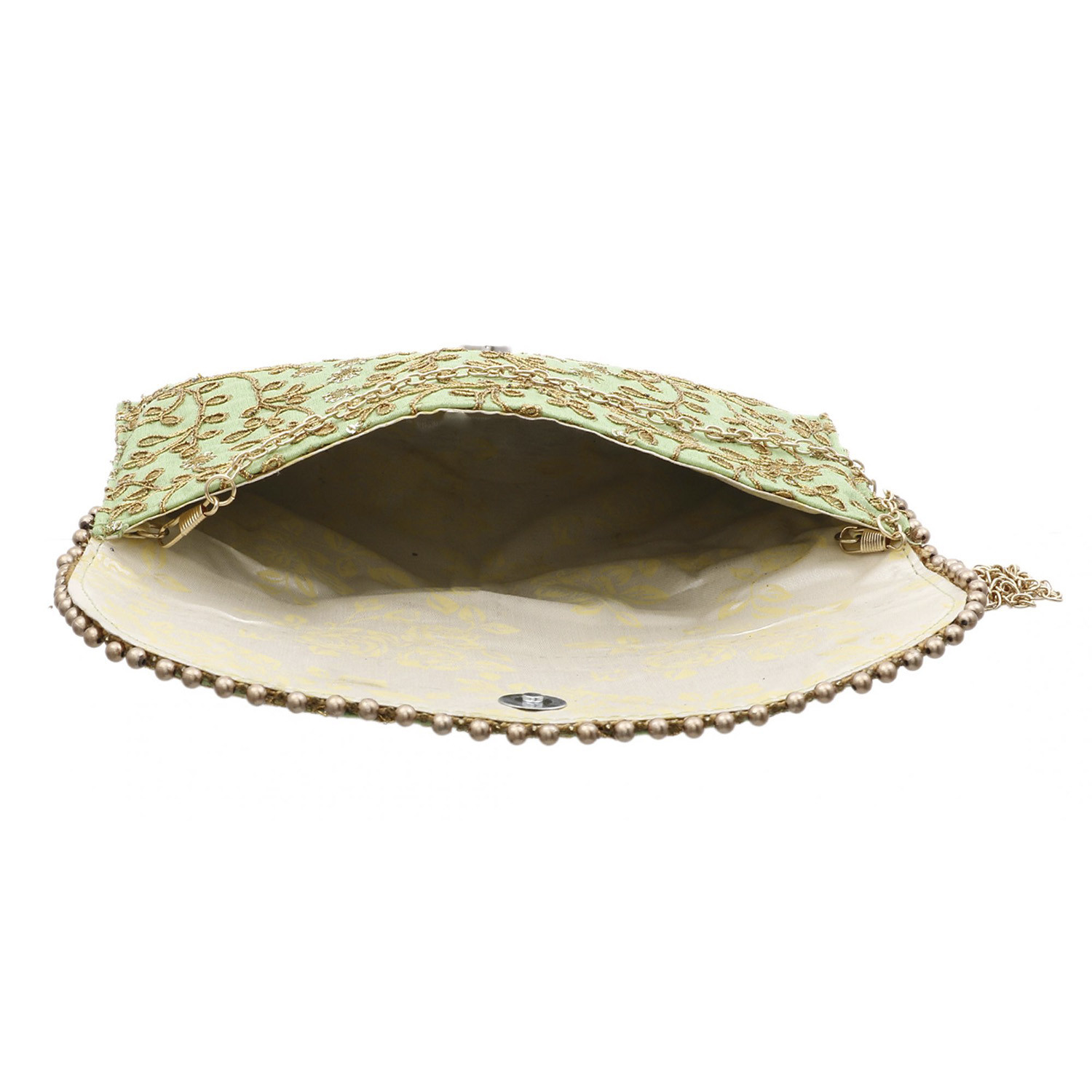 Kuber Industries Embroidery Golden Pearl Border Clutch|Hand Purse & Pearls Handle With Magnetic Lock For Woman,Girls (Green)