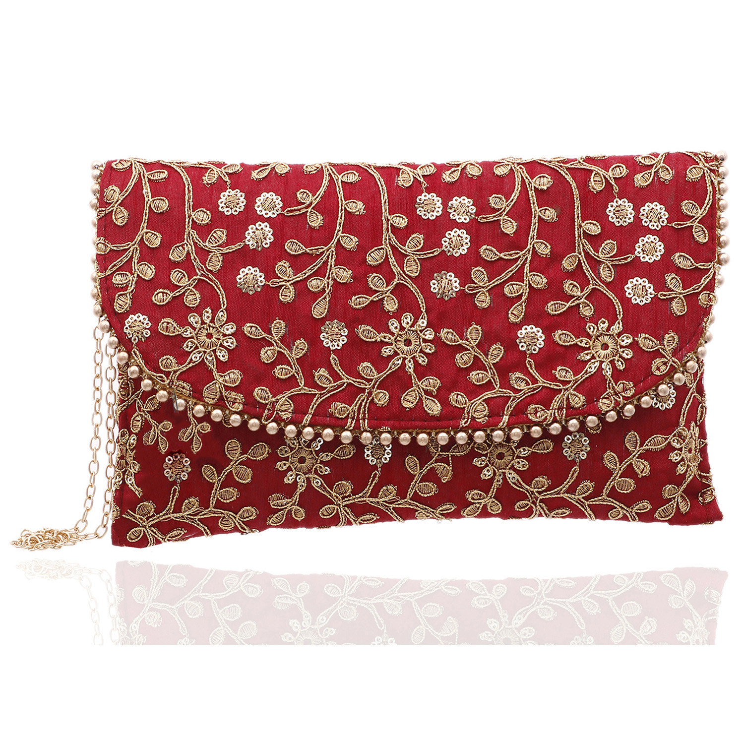 Kuber Industries Embroidery Golden Pearl Border Clutch|Hand Purse & Pearls Handle With Magnetic Lock For Woman,Girls (Maroon)