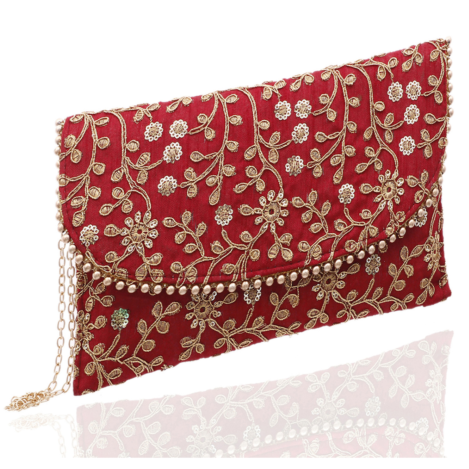 Kuber Industries Embroidery Golden Pearl Border Clutch|Hand Purse & Pearls Handle With Magnetic Lock For Woman,Girls (Maroon)