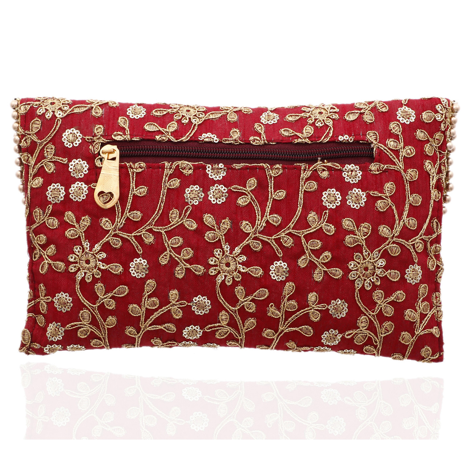 Kuber Industries Embroidery Golden Pearl Border Clutch|Hand Purse & Pearls Handle With Magnetic Lock For Woman,Girls (Maroon)