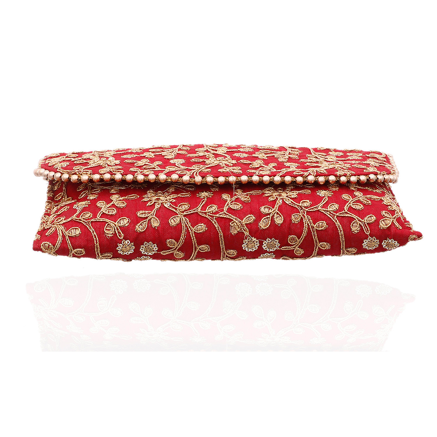 Kuber Industries Embroidery Golden Pearl Border Clutch|Hand Purse & Pearls Handle With Magnetic Lock For Woman,Girls (Maroon)