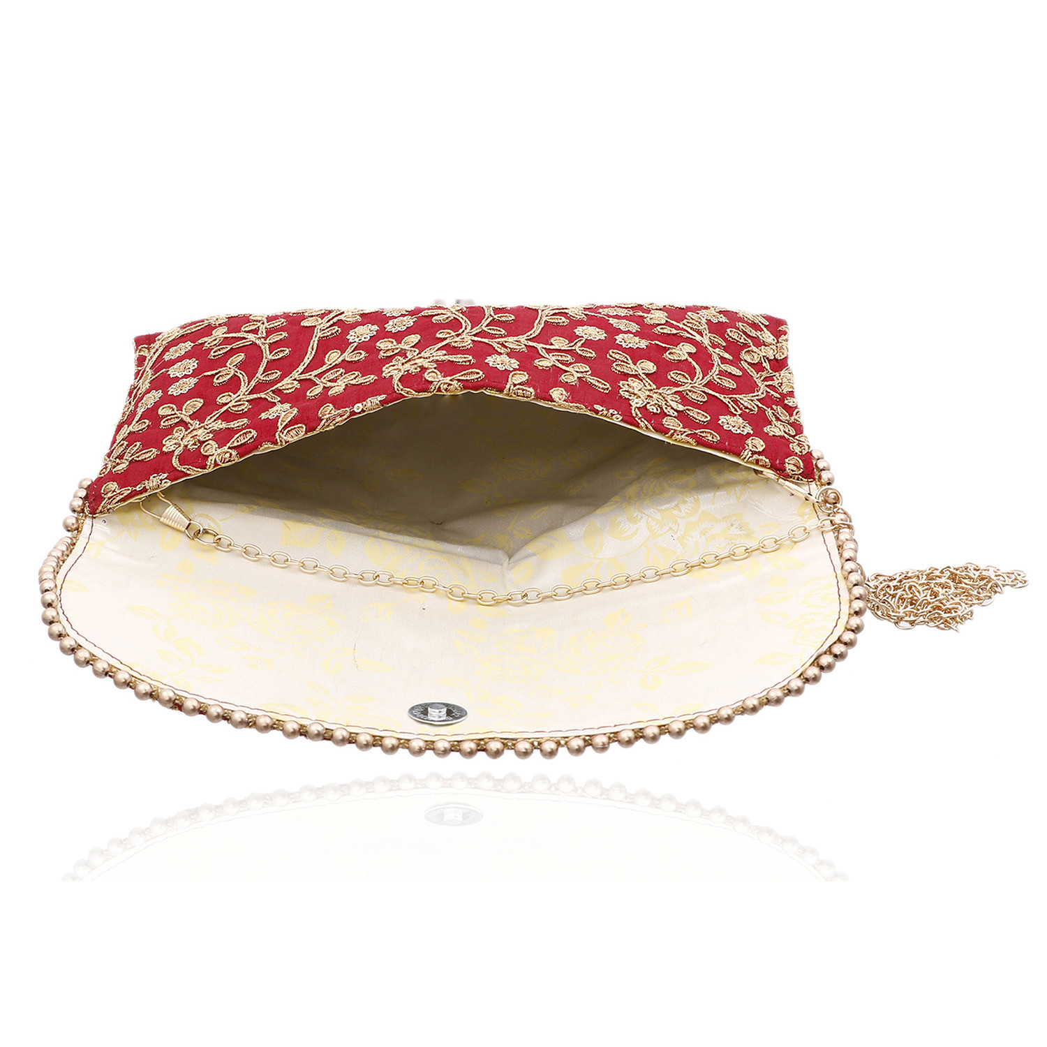 Kuber Industries Embroidery Golden Pearl Border Clutch|Hand Purse & Pearls Handle With Magnetic Lock For Woman,Girls (Maroon)